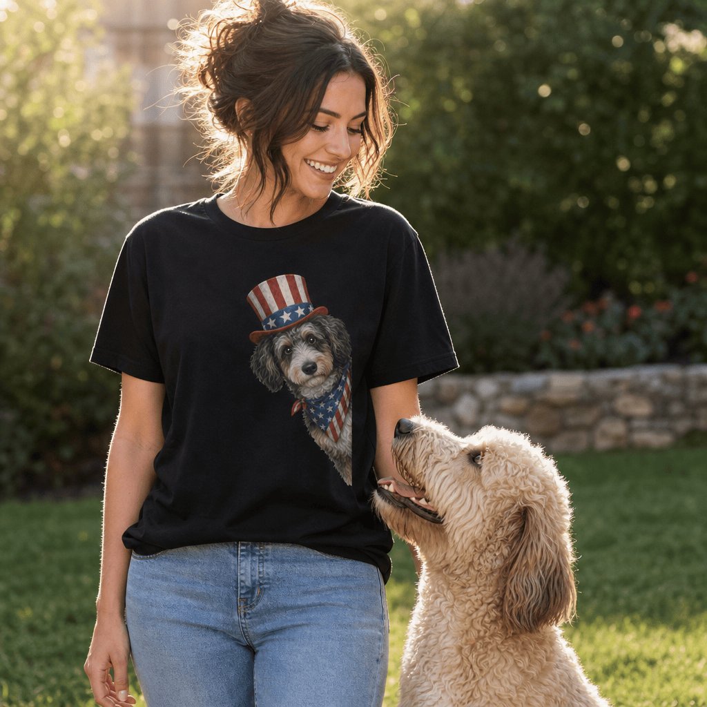 Patriotic Peeking Aussiedoodle T-Shirt in by Puppy Jo