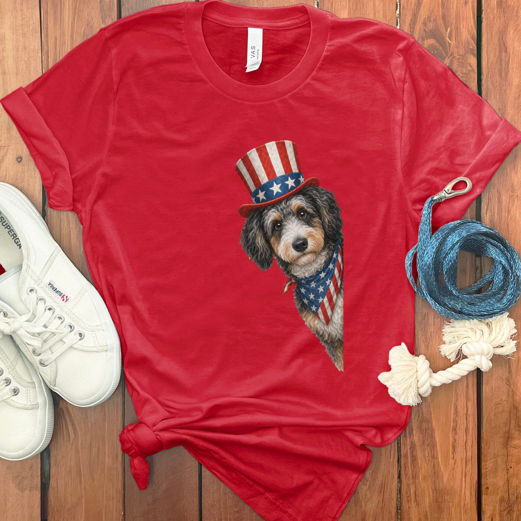 Patriotic Peeking Aussiedoodle T-Shirt in Red / S by Puppy Jo