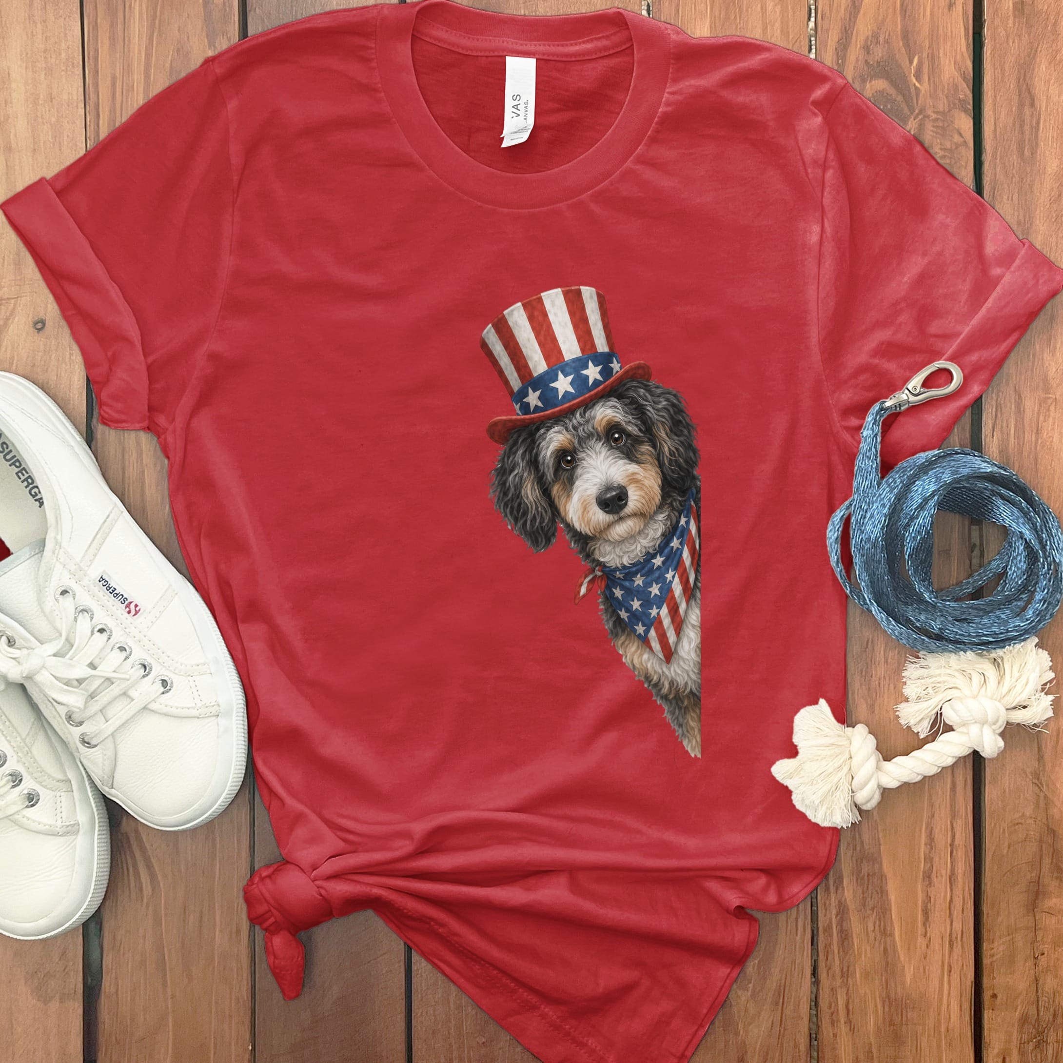 Patriotic Peeking Aussiedoodle T-Shirt in Red / S by Puppy Jo