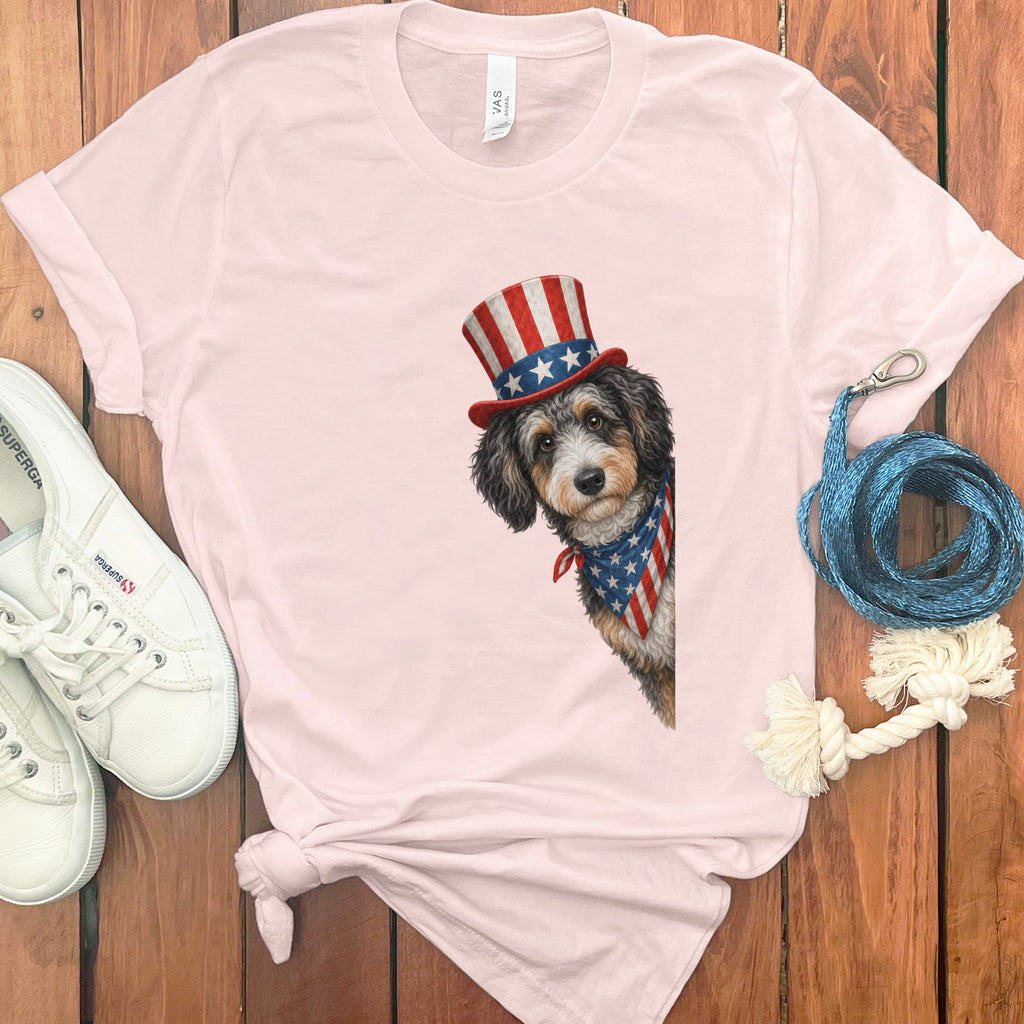 Patriotic Peeking Aussiedoodle T-Shirt in Soft Pink / S by Puppy Jo