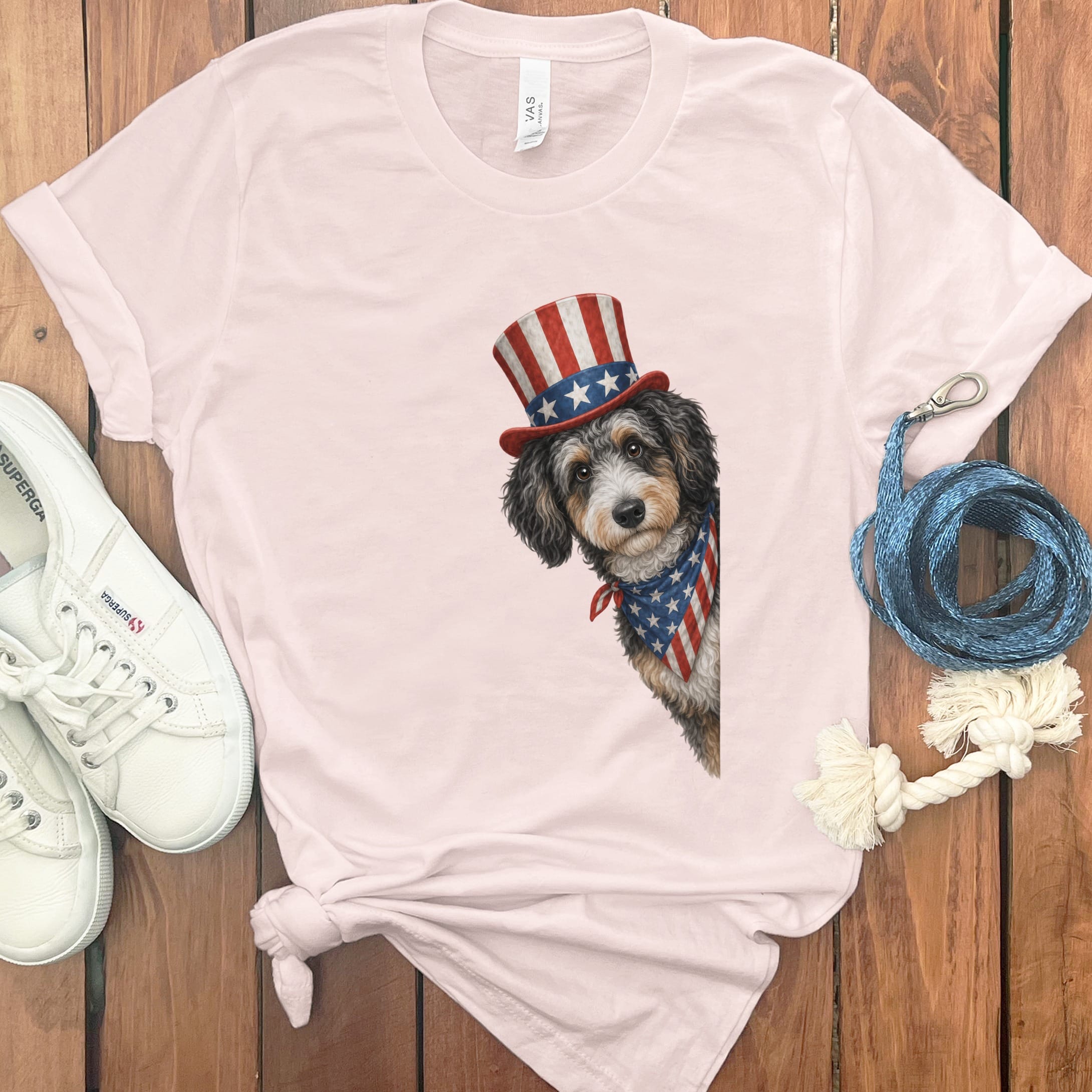 Patriotic Peeking Aussiedoodle T-Shirt in Soft Pink / S by Puppy Jo