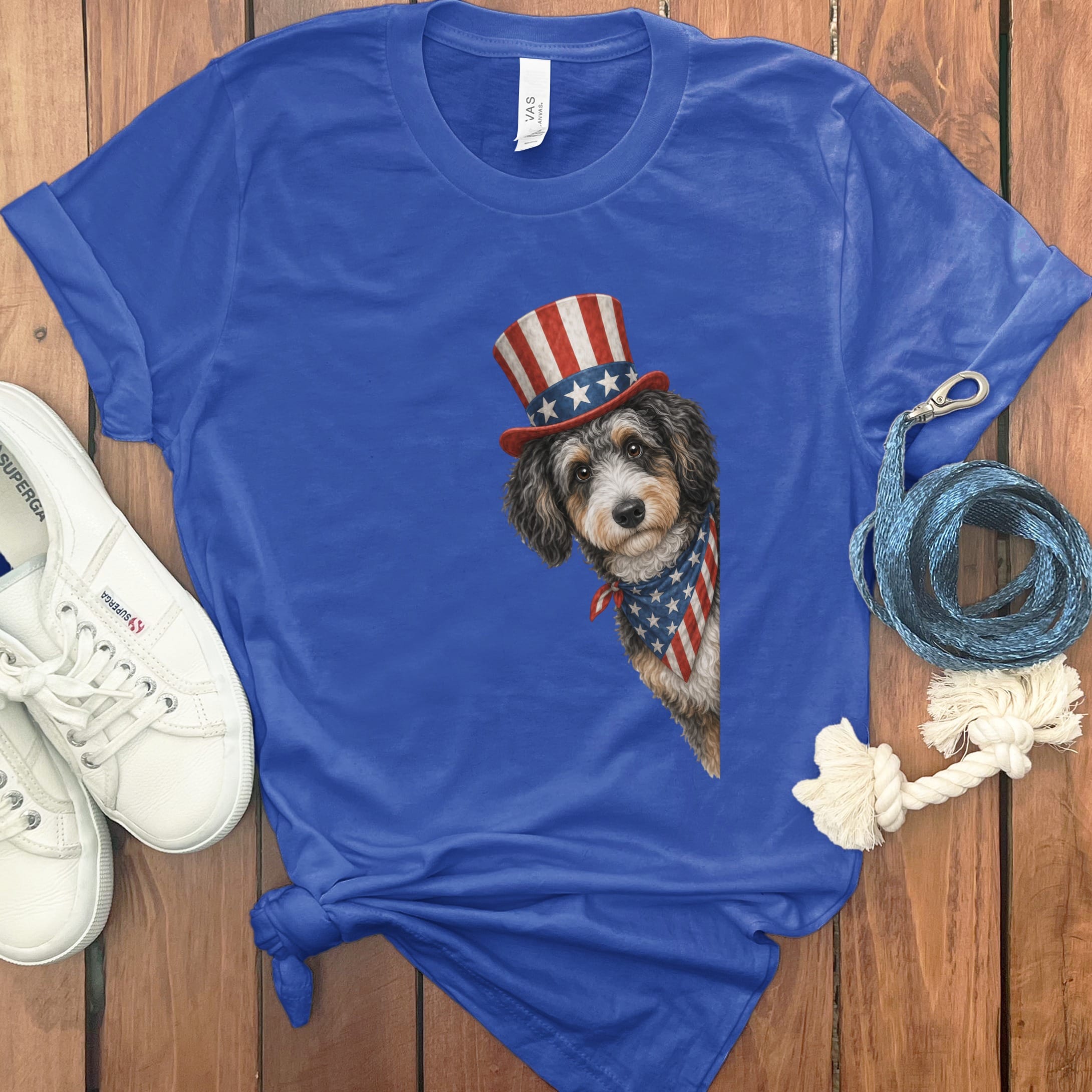 Patriotic Peeking Aussiedoodle T-Shirt in True Royal / S by Puppy Jo