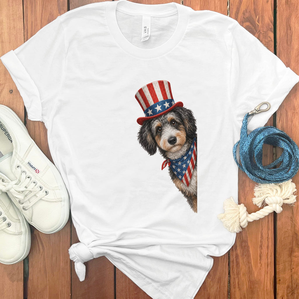 Patriotic Peeking Aussiedoodle T-Shirt in White / S by Puppy Jo
