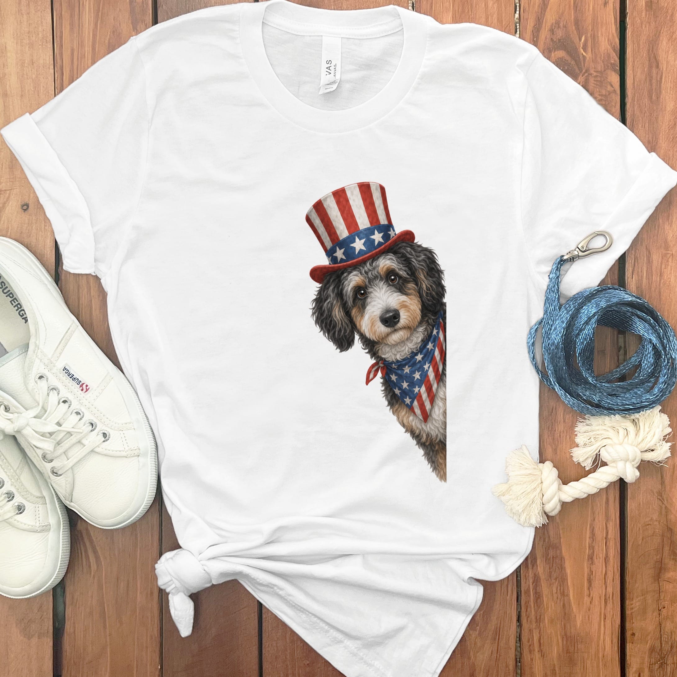 Patriotic Peeking Aussiedoodle T-Shirt in White / S by Puppy Jo