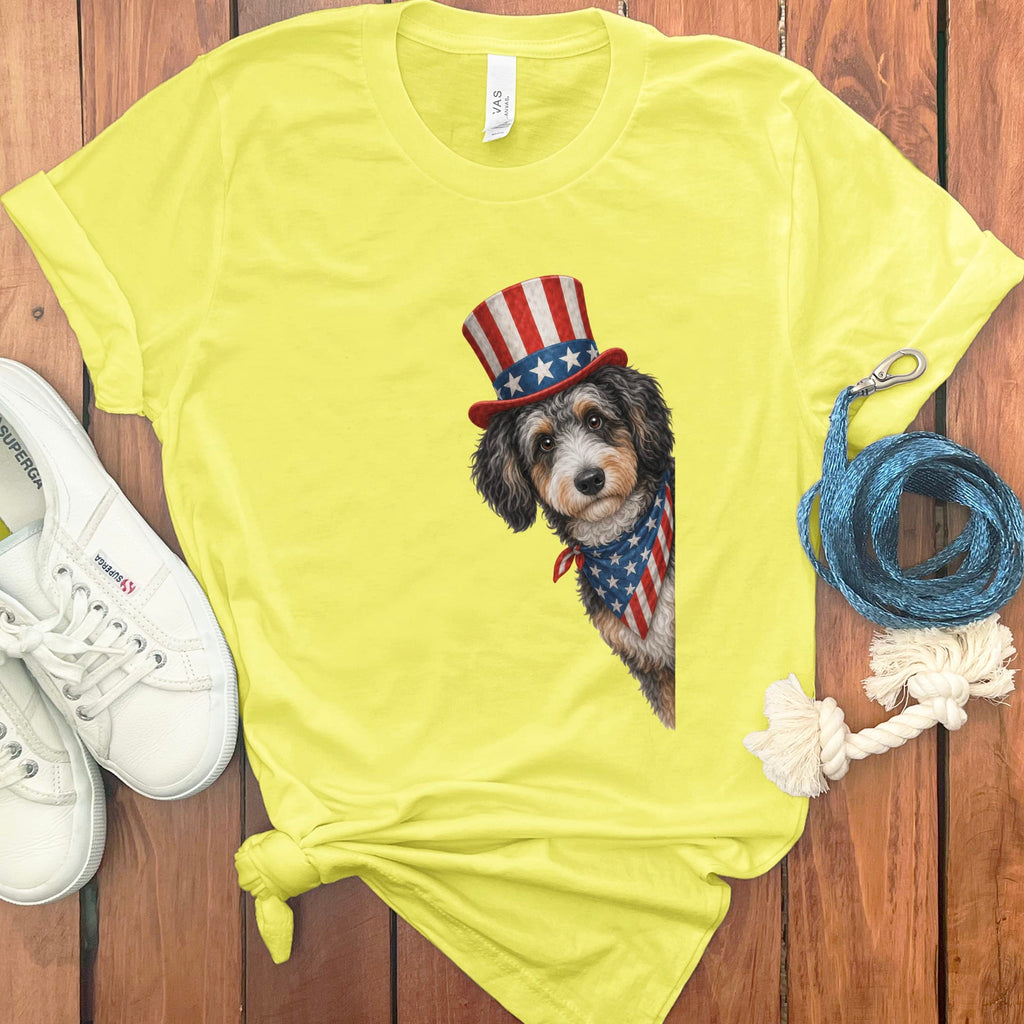 Patriotic Peeking Aussiedoodle T-Shirt in Yellow / S by Puppy Jo