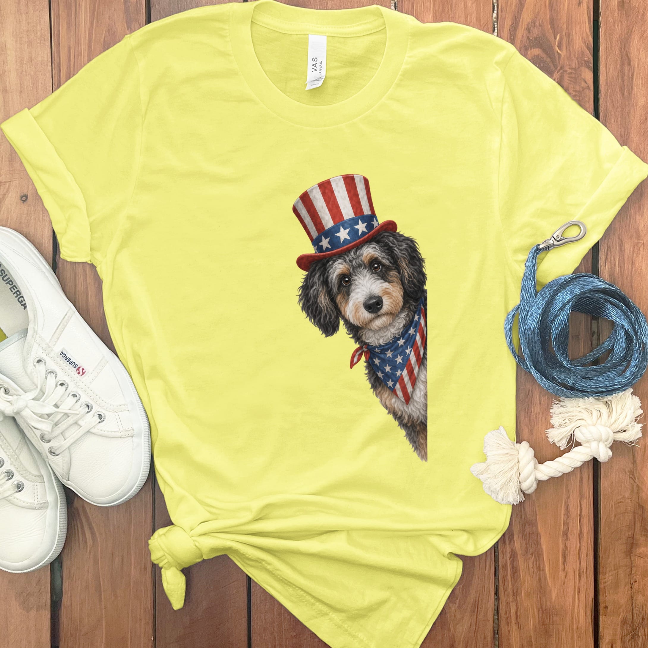 Patriotic Peeking Aussiedoodle T-Shirt in Yellow / S by Puppy Jo