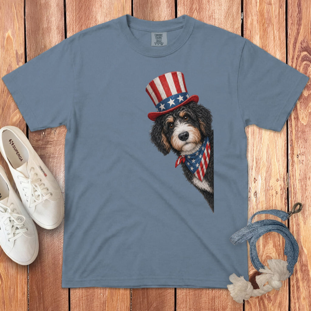 Patriotic Peeking Bernedoodle Signature T-Shirt in Blue Jean / S by Puppy Jo