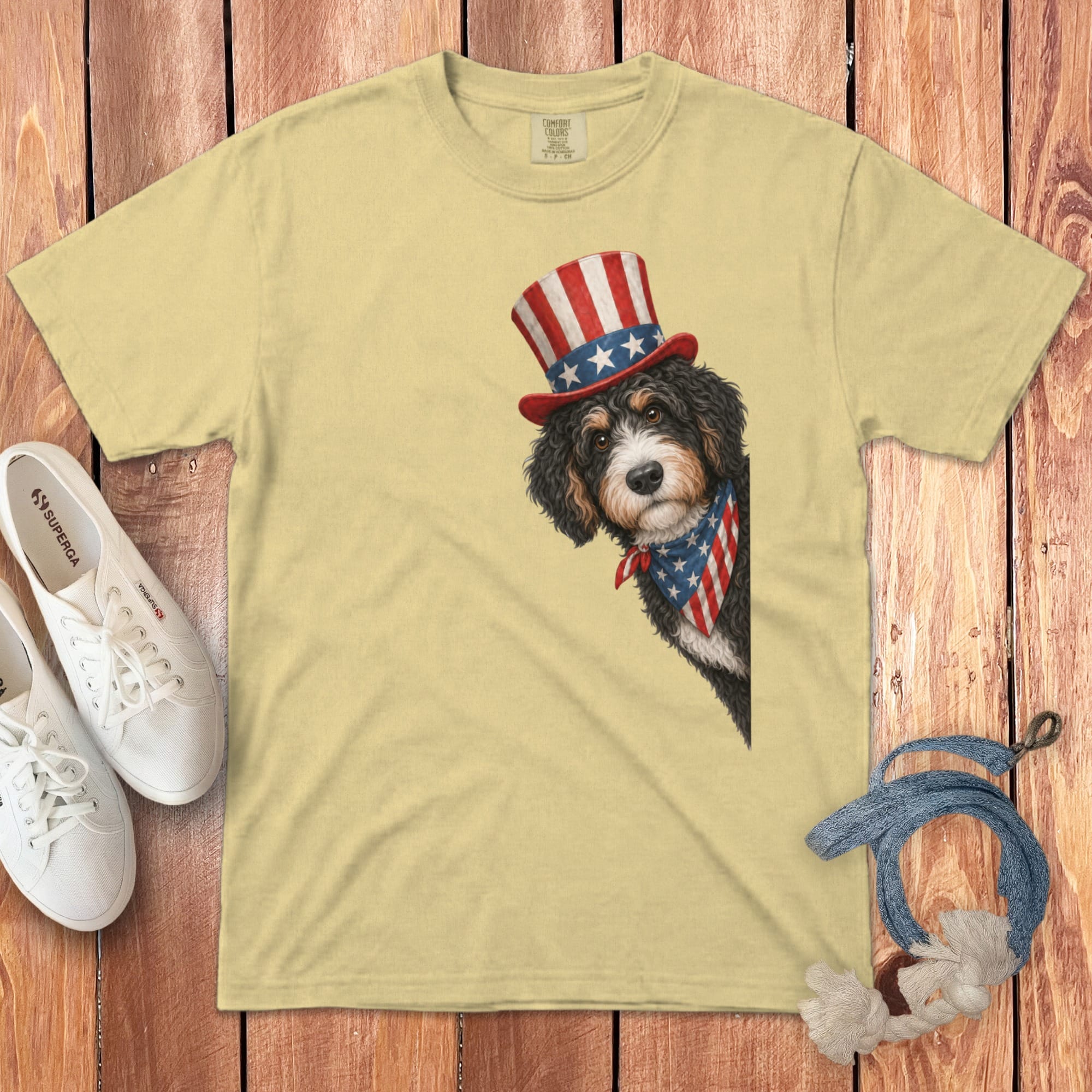 Patriotic Peeking Bernedoodle Signature T-Shirt in Butter / S by Puppy Jo