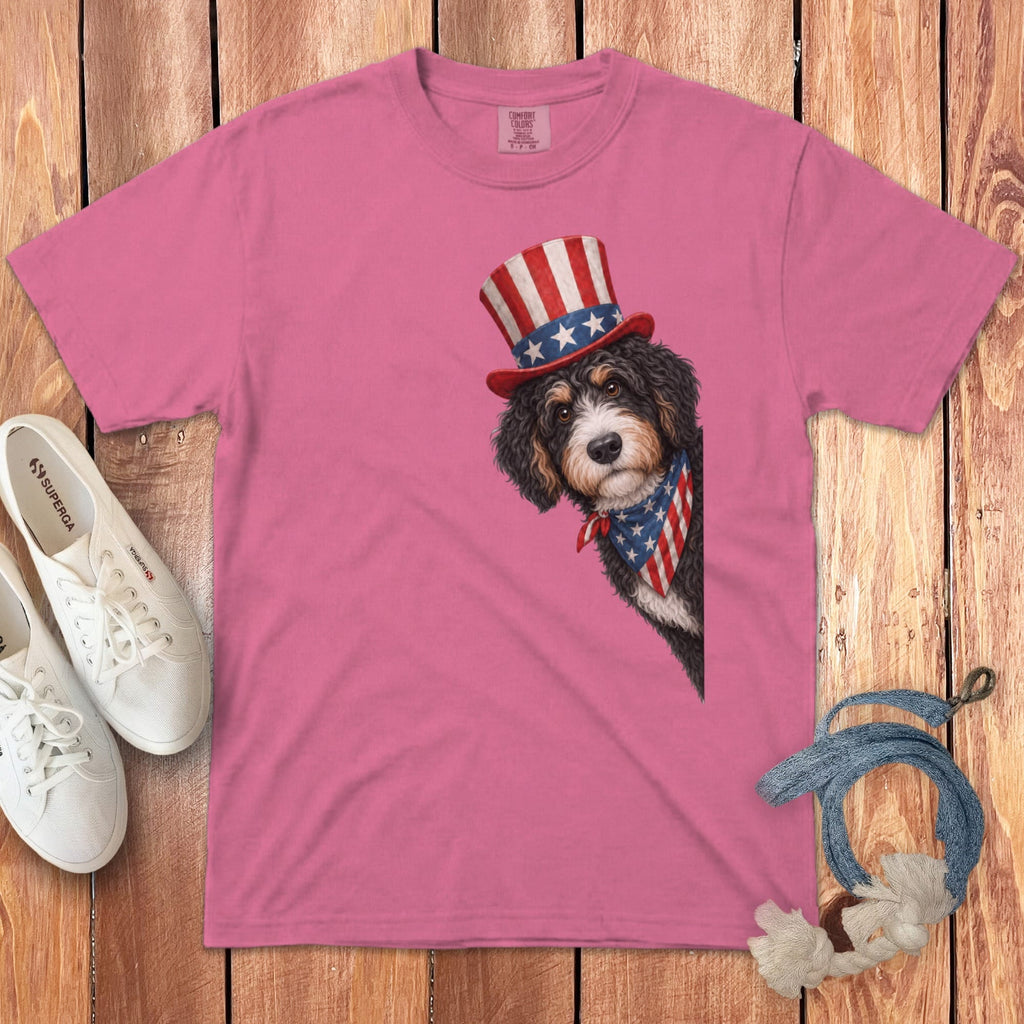 Patriotic Peeking Bernedoodle Signature T-Shirt in Crunchberry / S by Puppy Jo