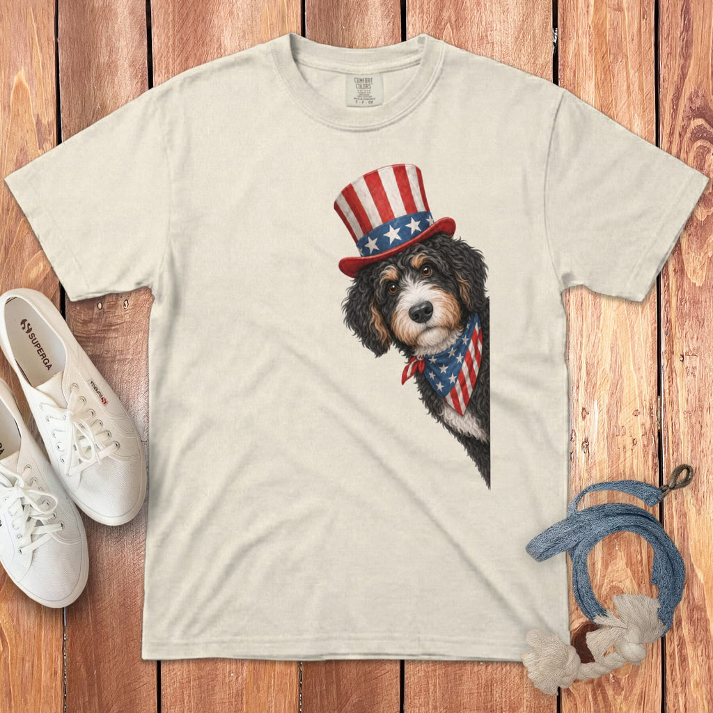 Patriotic Peeking Bernedoodle Signature T-Shirt in Ivory / S by Puppy Jo