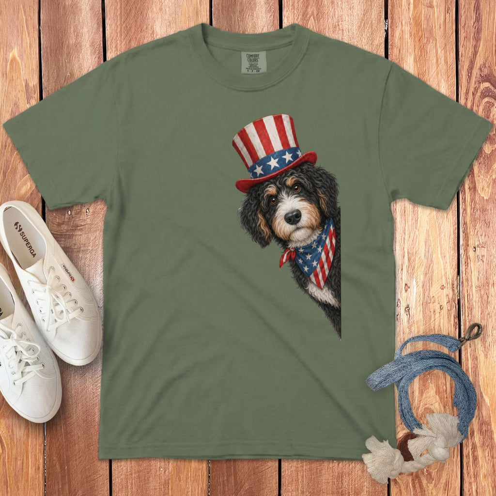 Patriotic Peeking Bernedoodle Signature T-Shirt in Moss / S by Puppy Jo