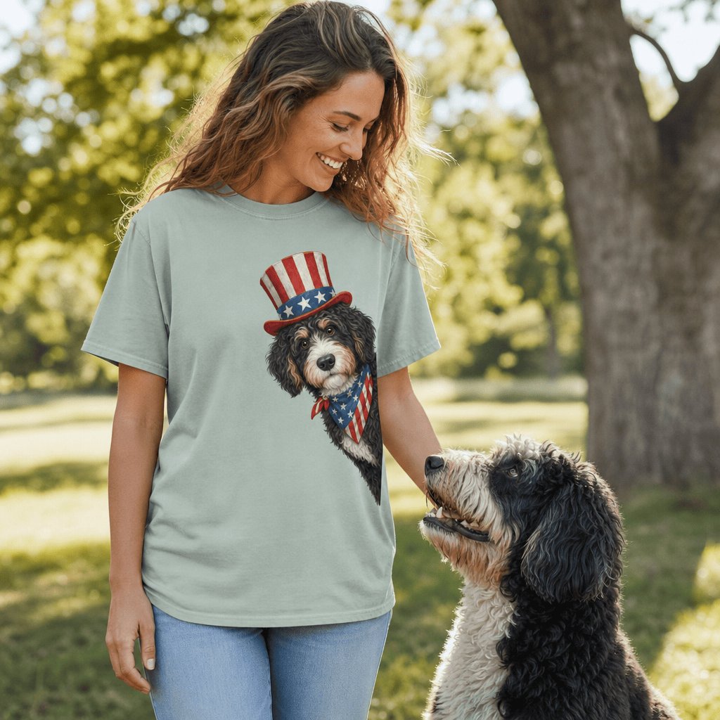 Patriotic Peeking Bernedoodle Signature T-Shirt in by Puppy Jo