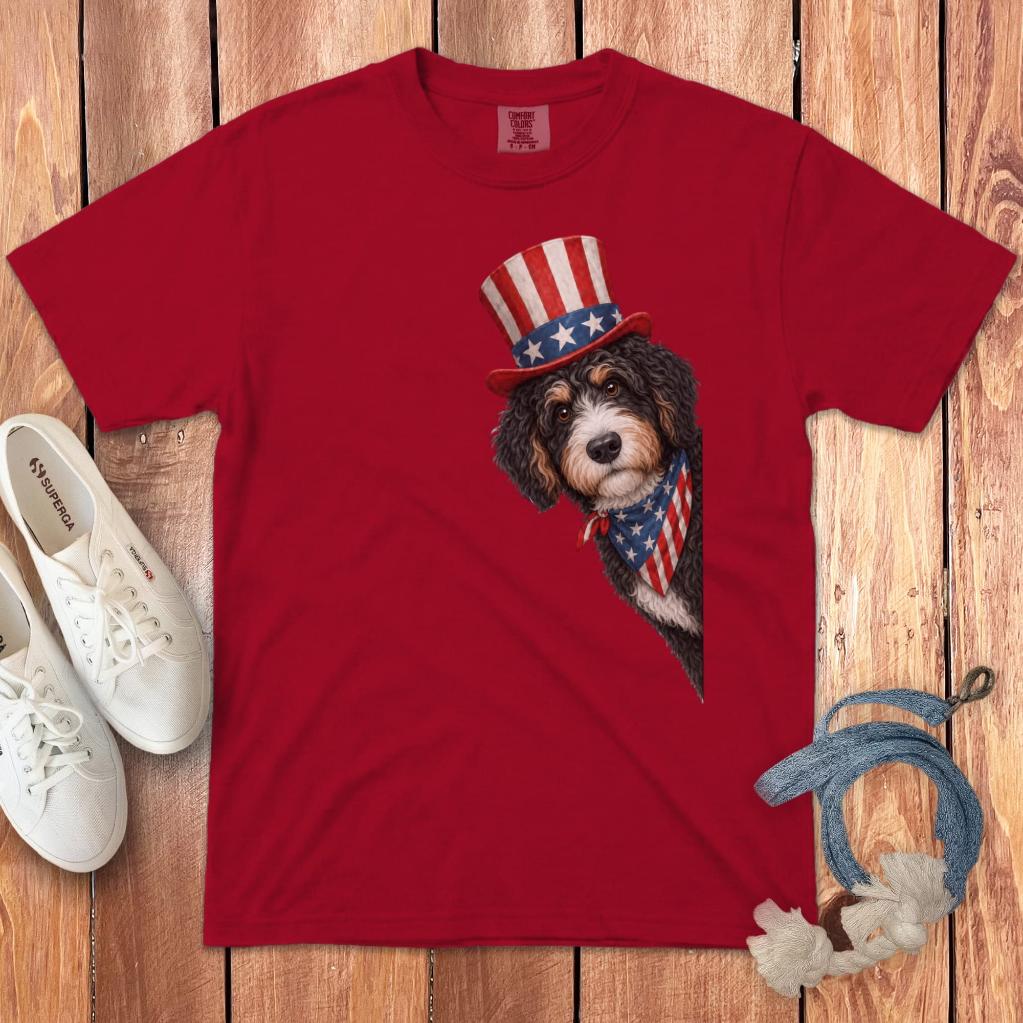 Patriotic Peeking Bernedoodle Signature T-Shirt in Red / S by Puppy Jo