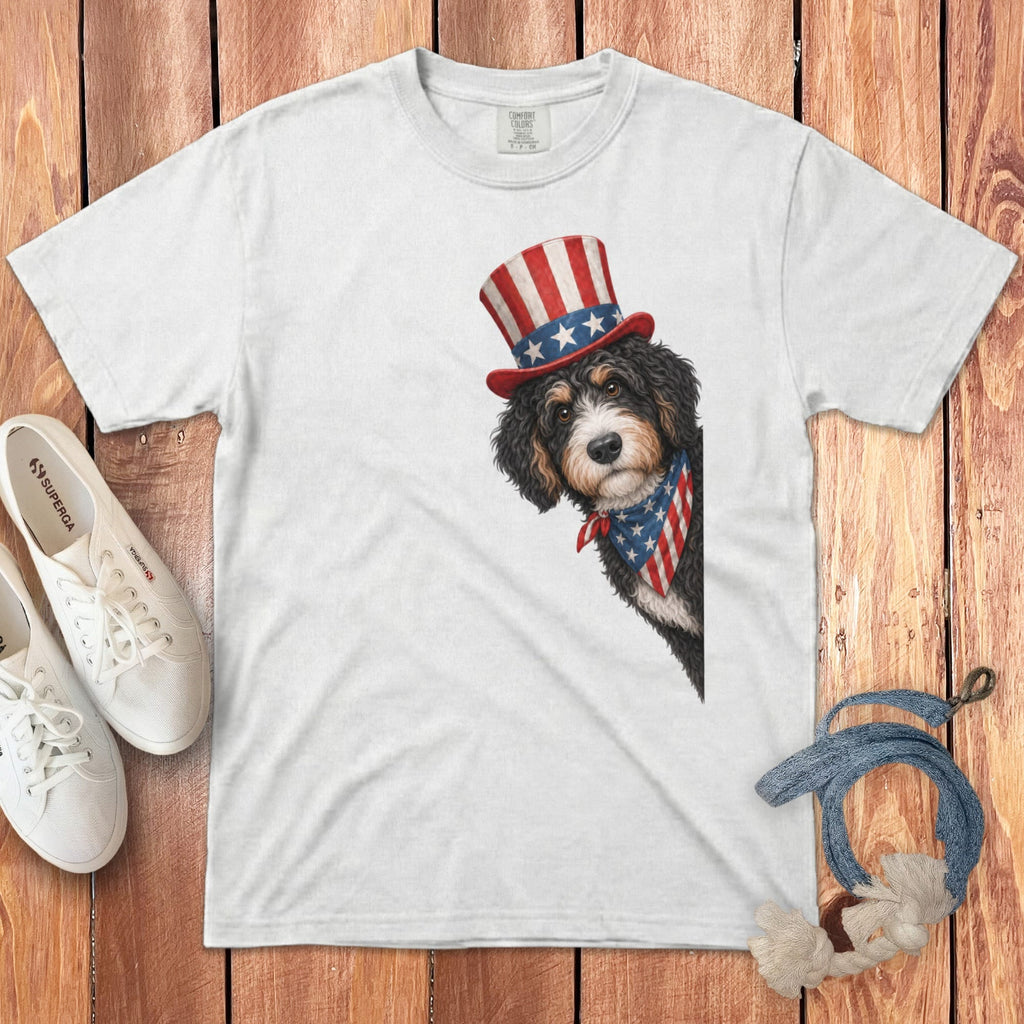 Patriotic Peeking Bernedoodle Signature T-Shirt in White / S by Puppy Jo