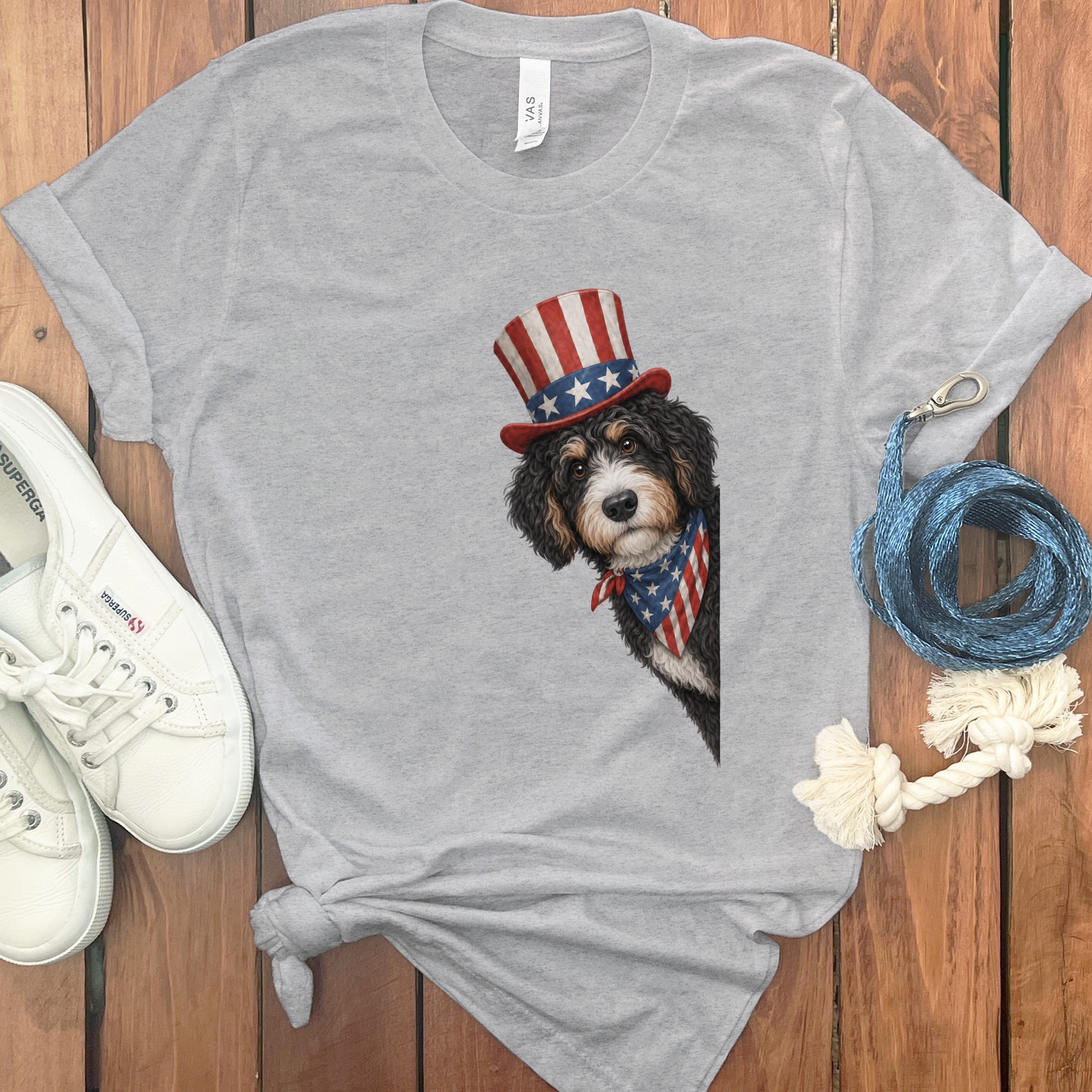 Patriotic Peeking Bernedoodle T-Shirt in Athletic Heather / S by Puppy Jo