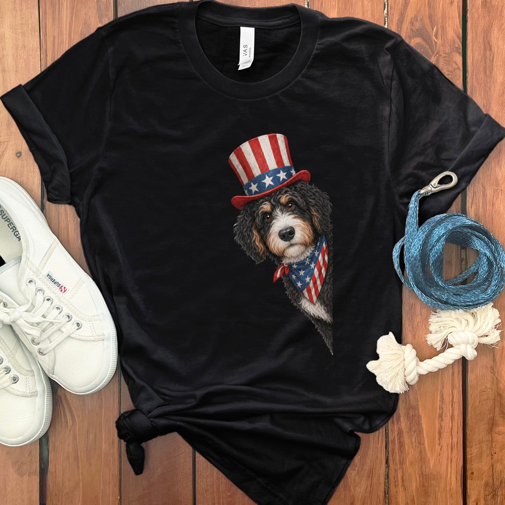 Patriotic Peeking Bernedoodle T-Shirt in Black / S by Puppy Jo