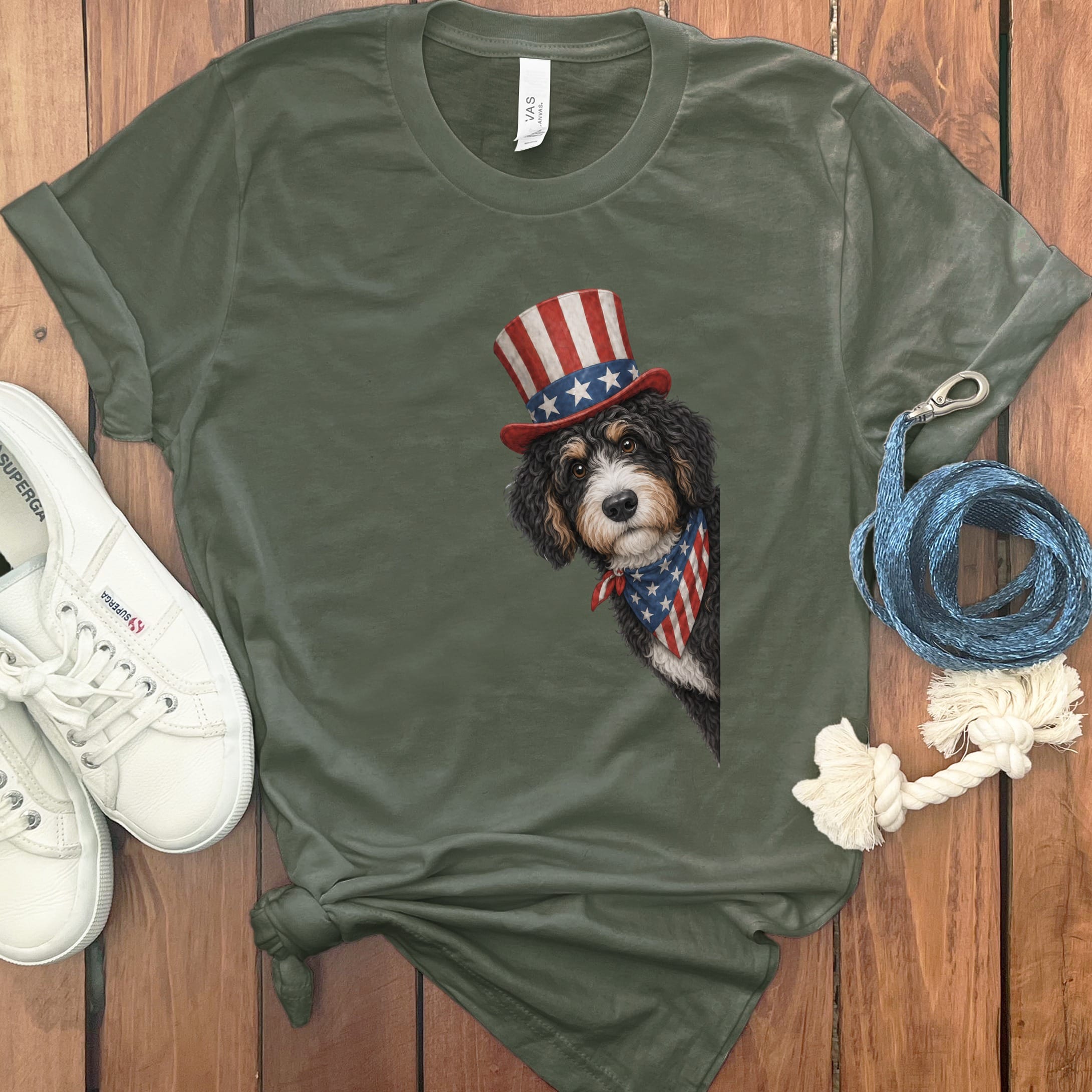 Patriotic Peeking Bernedoodle T-Shirt in Military Green / S by Puppy Jo