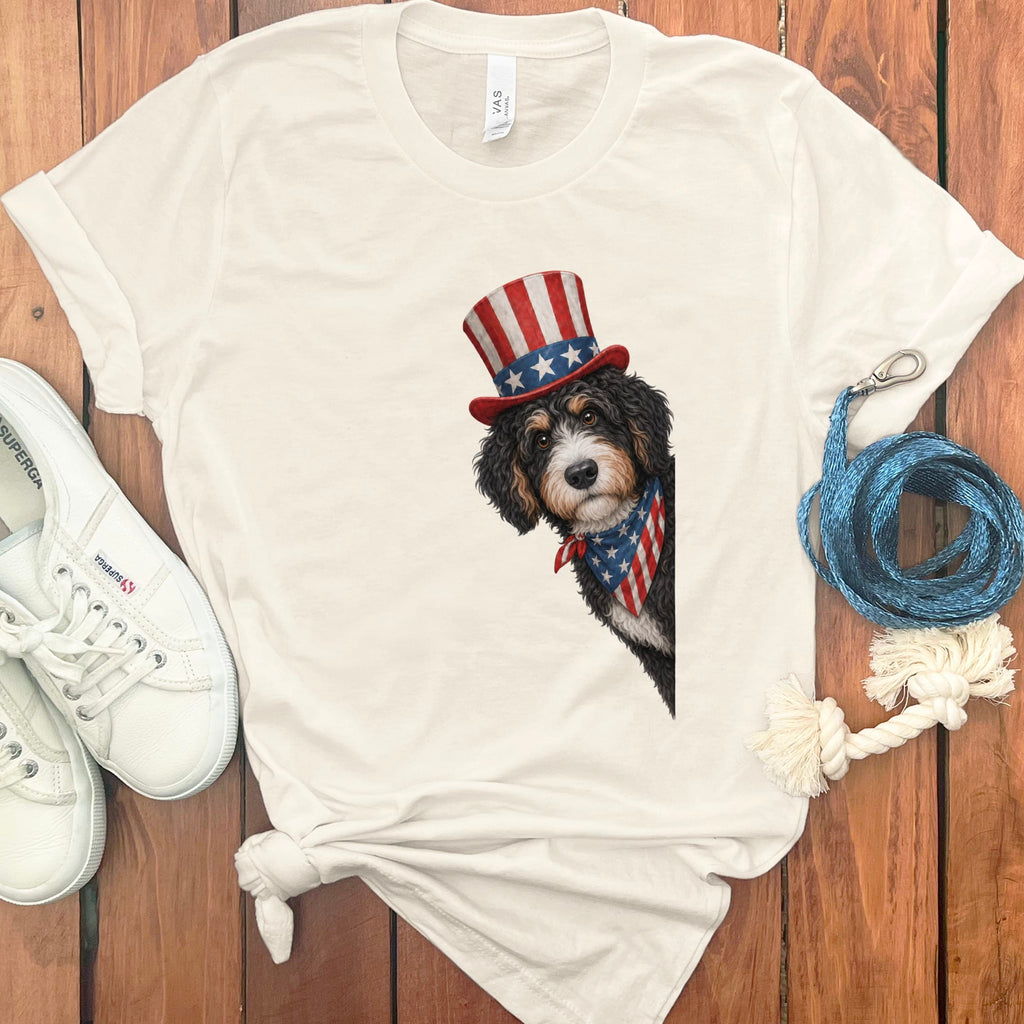 Patriotic Peeking Bernedoodle T-Shirt in Natural / S by Puppy Jo