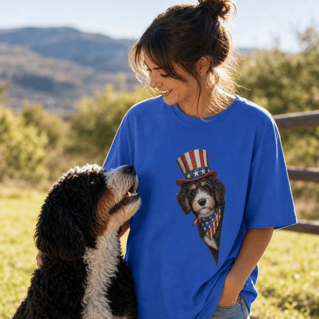 Patriotic Peeking Bernedoodle T-Shirt in by Puppy Jo