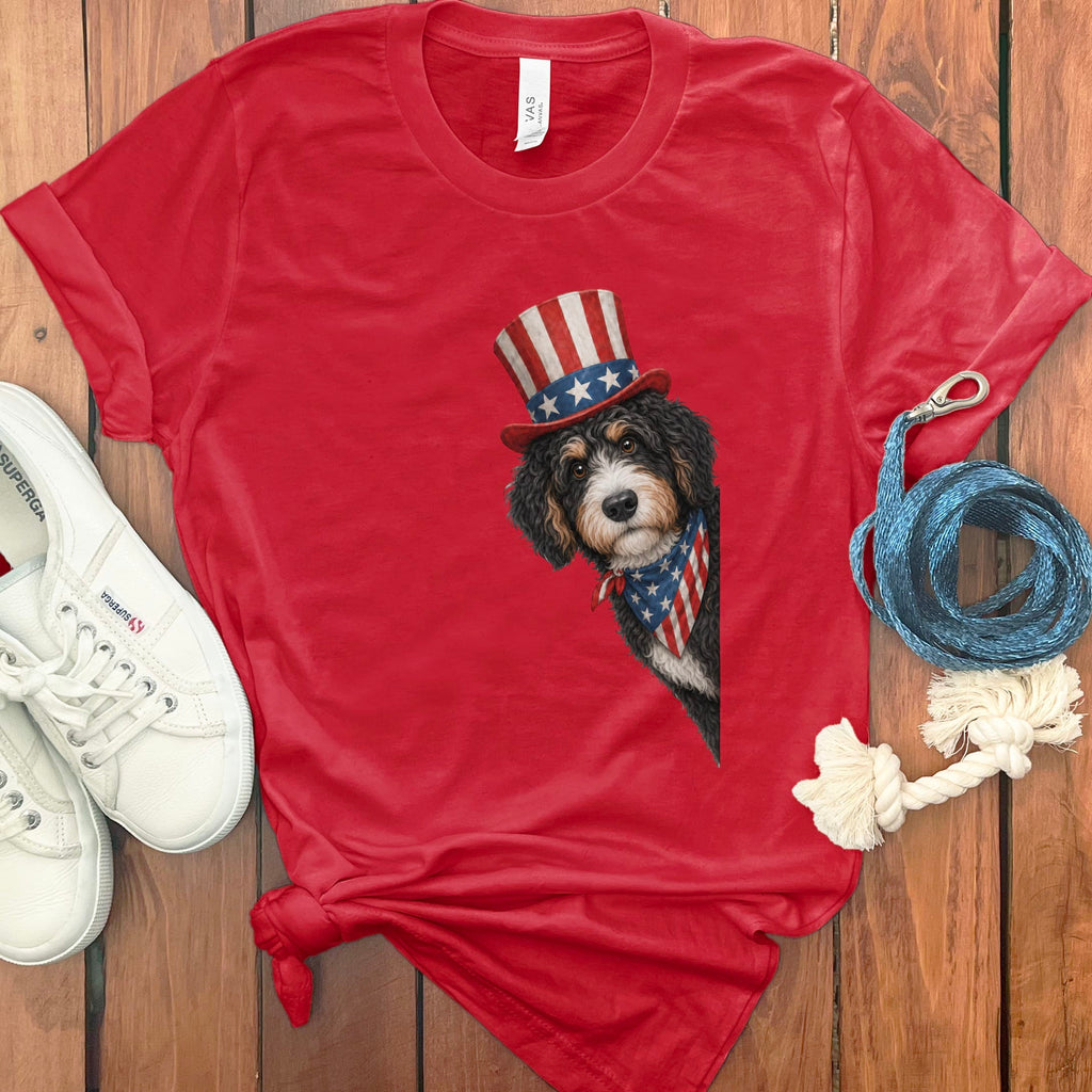Patriotic Peeking Bernedoodle T-Shirt in Red / S by Puppy Jo