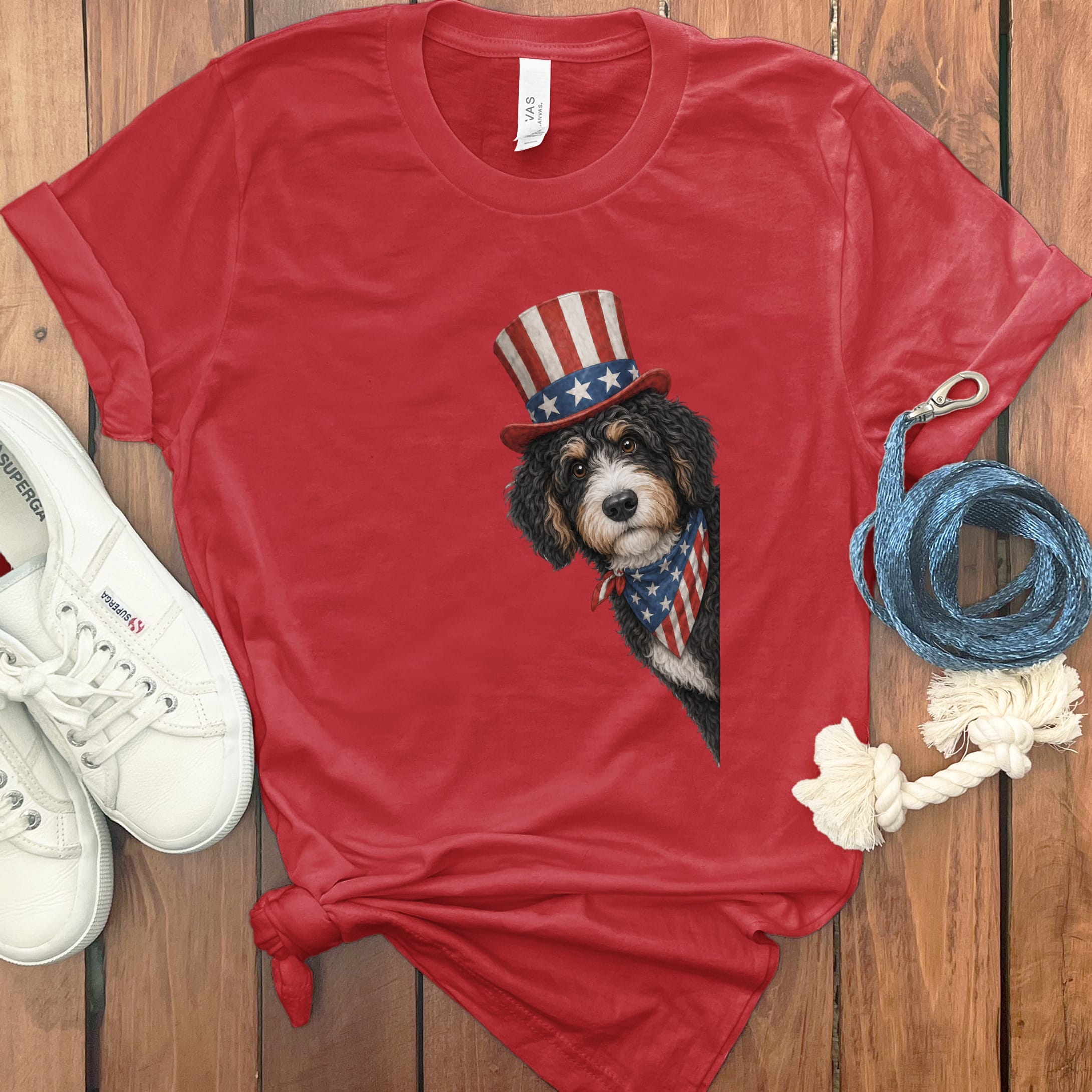 Patriotic Peeking Bernedoodle T-Shirt in Red / S by Puppy Jo