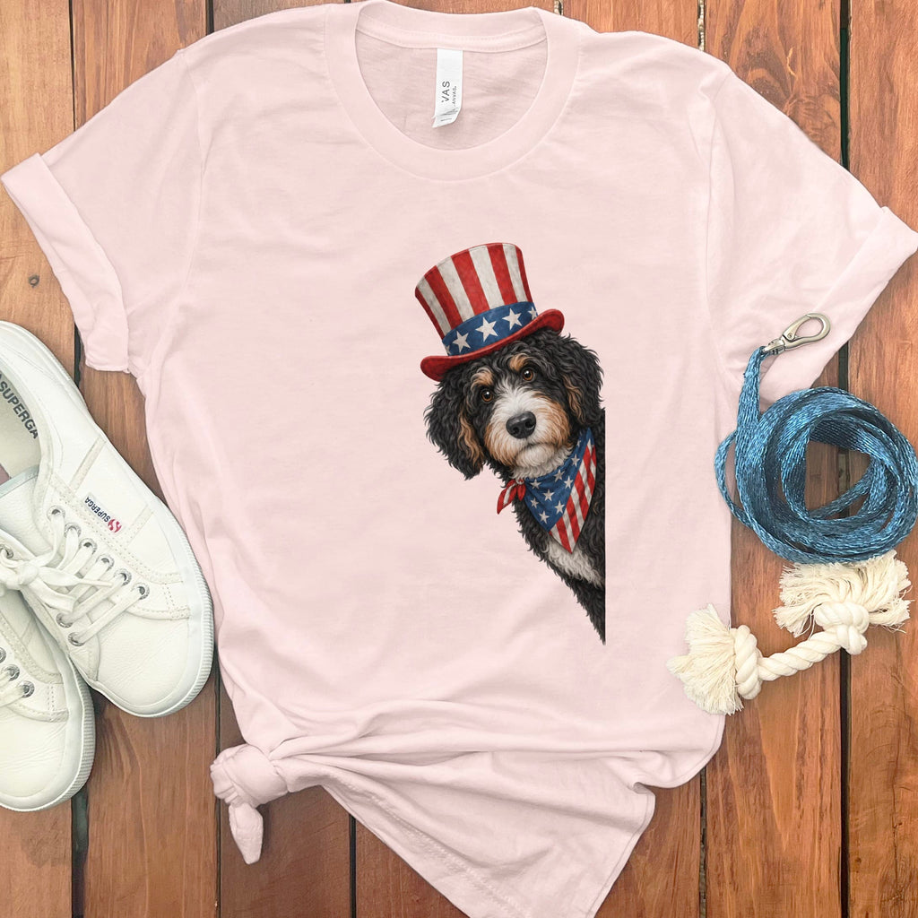 Patriotic Peeking Bernedoodle T-Shirt in Soft Pink / S by Puppy Jo
