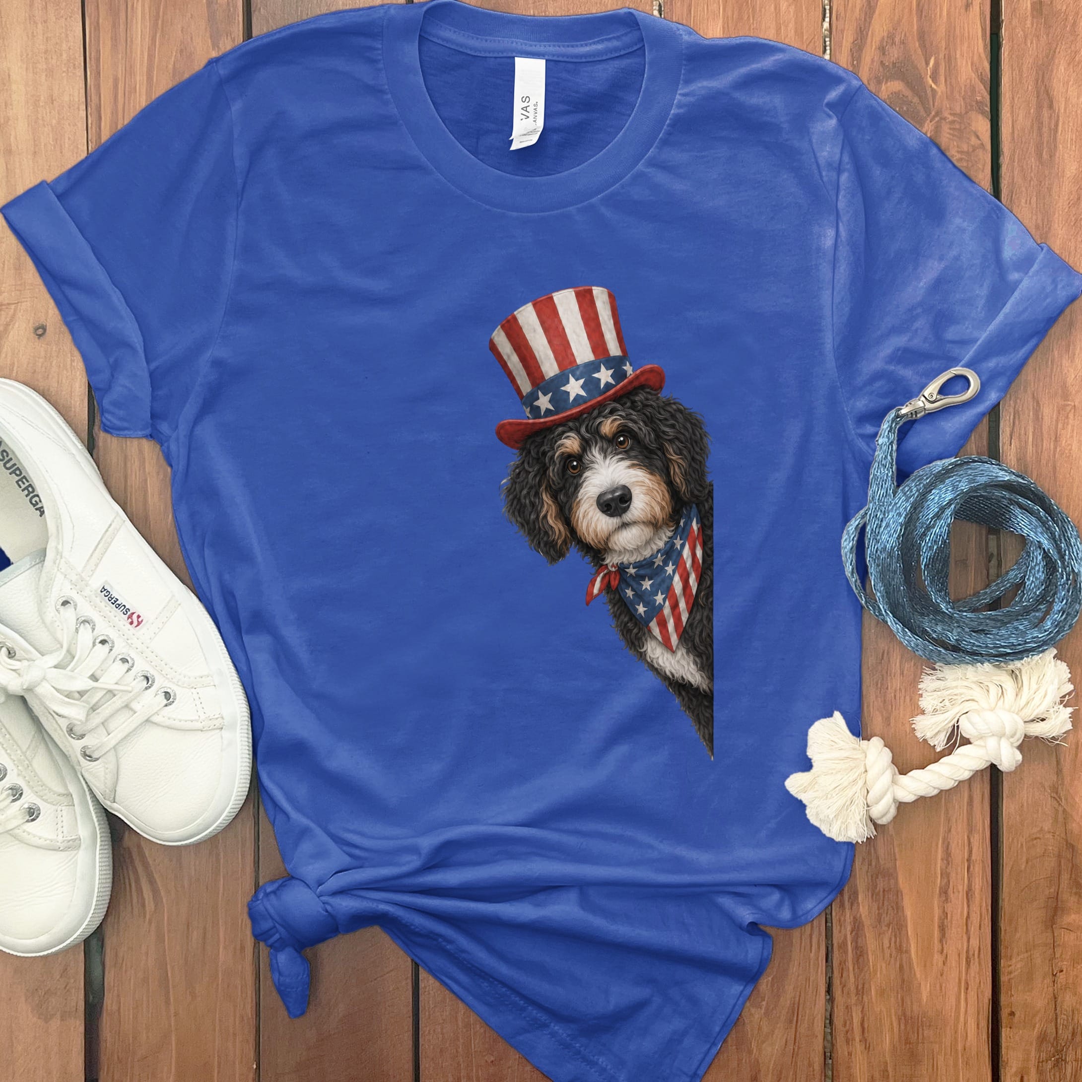 Patriotic Peeking Bernedoodle T-Shirt in True Royal / S by Puppy Jo