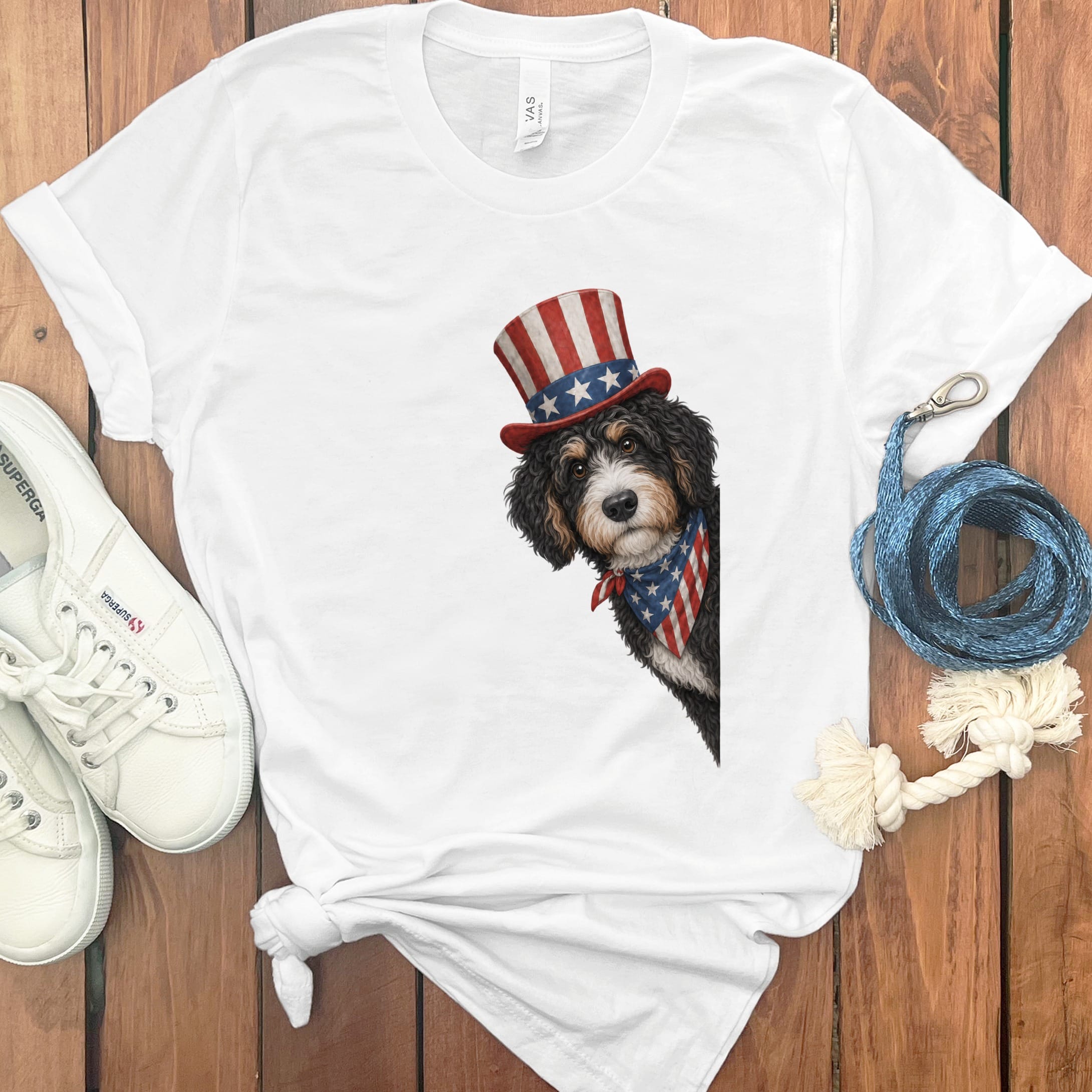Patriotic Peeking Bernedoodle T-Shirt in White / S by Puppy Jo