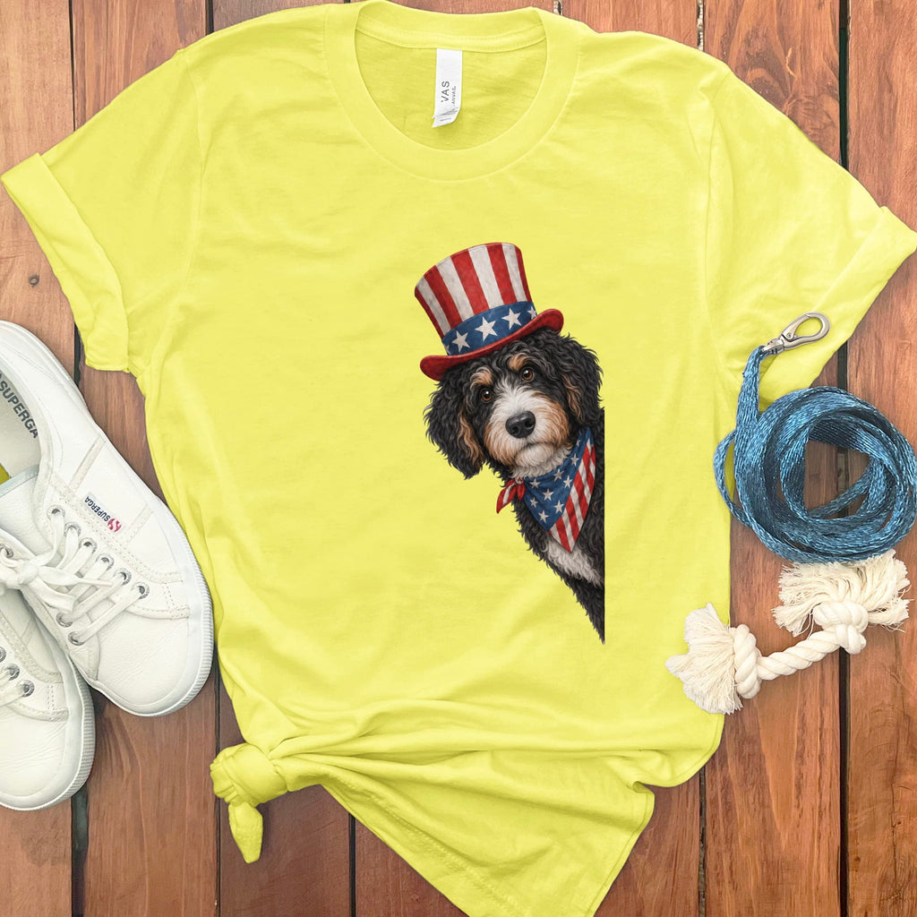 Patriotic Peeking Bernedoodle T-Shirt in Yellow / S by Puppy Jo
