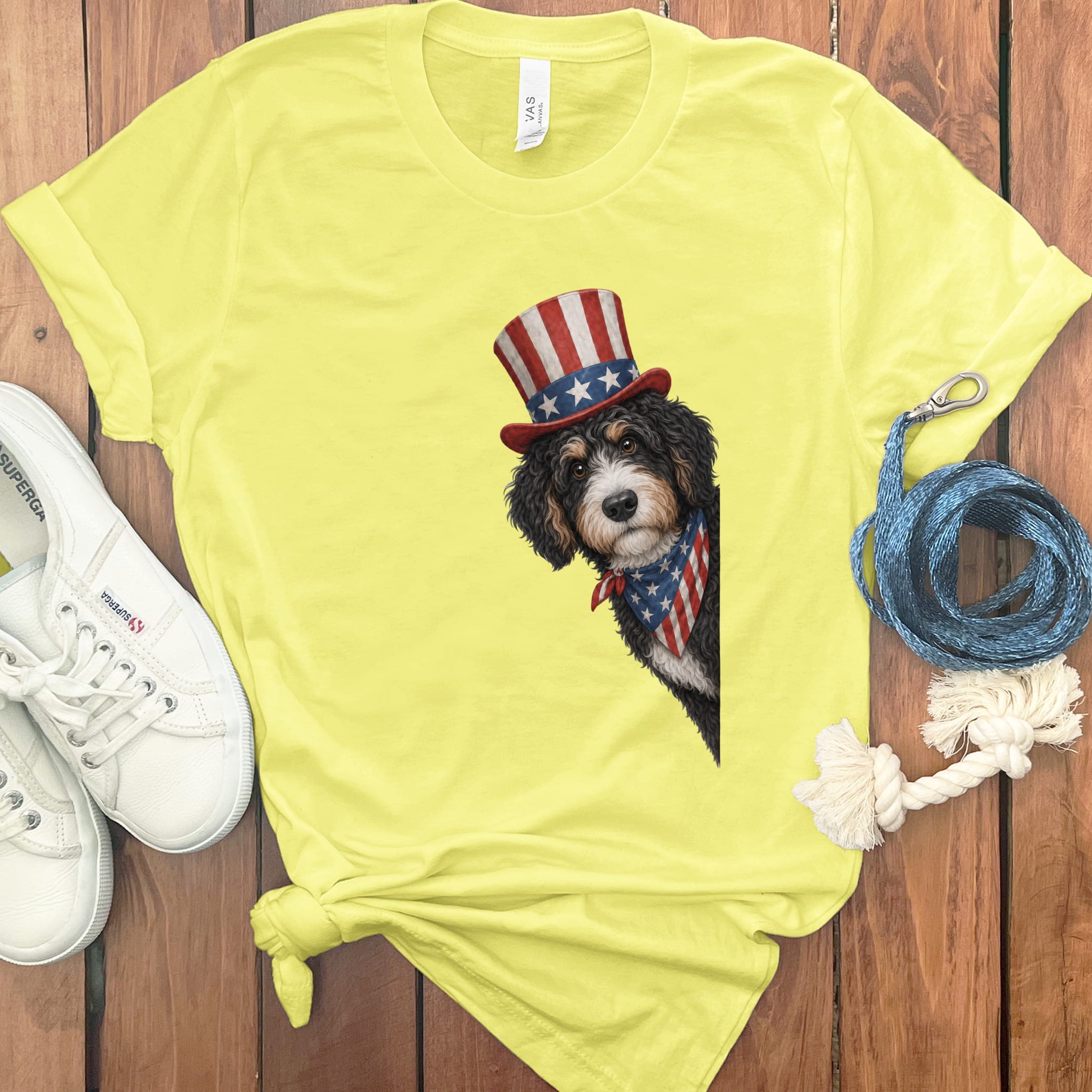 Patriotic Peeking Bernedoodle T-Shirt in Yellow / S by Puppy Jo
