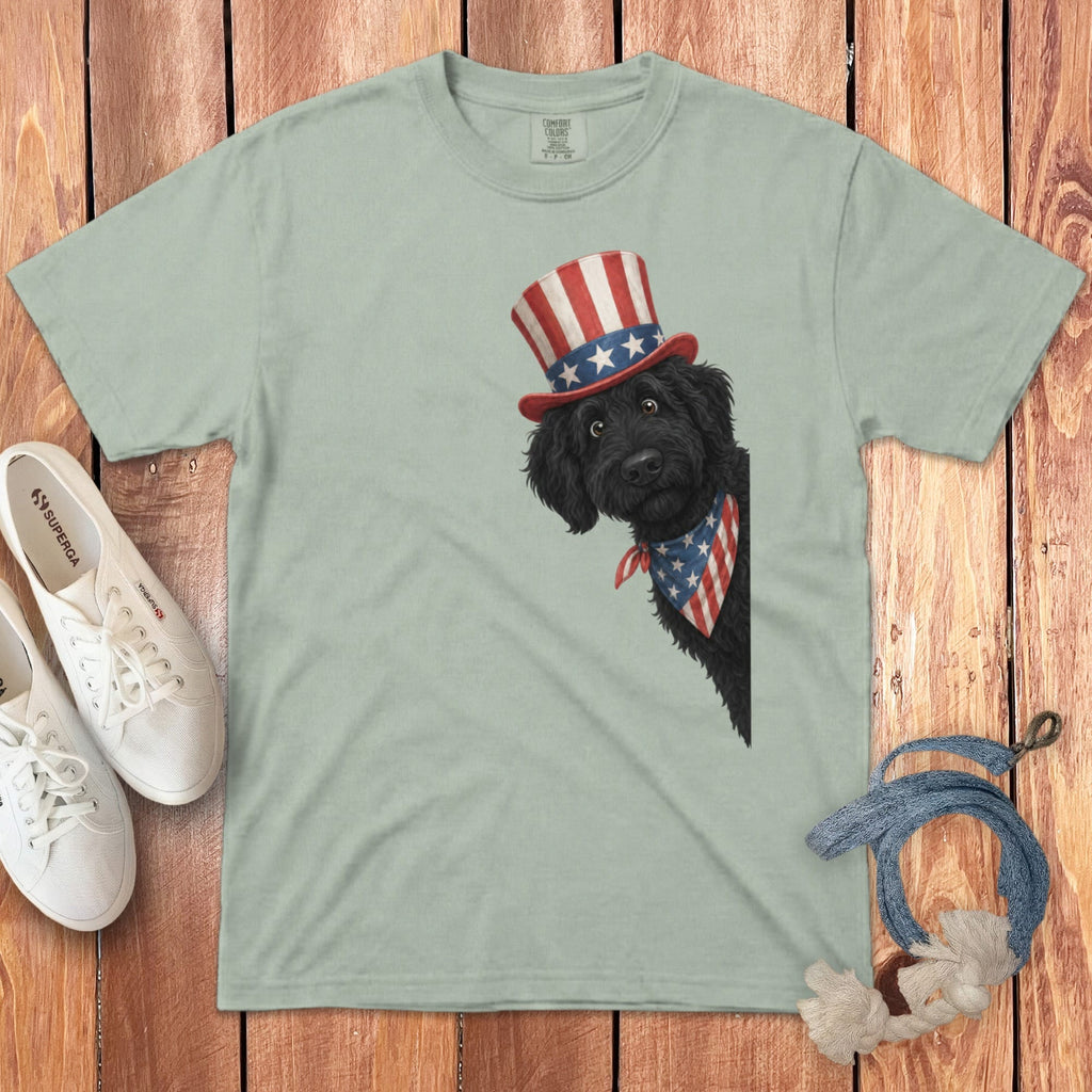 Patriotic Peeking Black Goldendoodle Signature T-Shirt in Bay / M by Puppy Jo