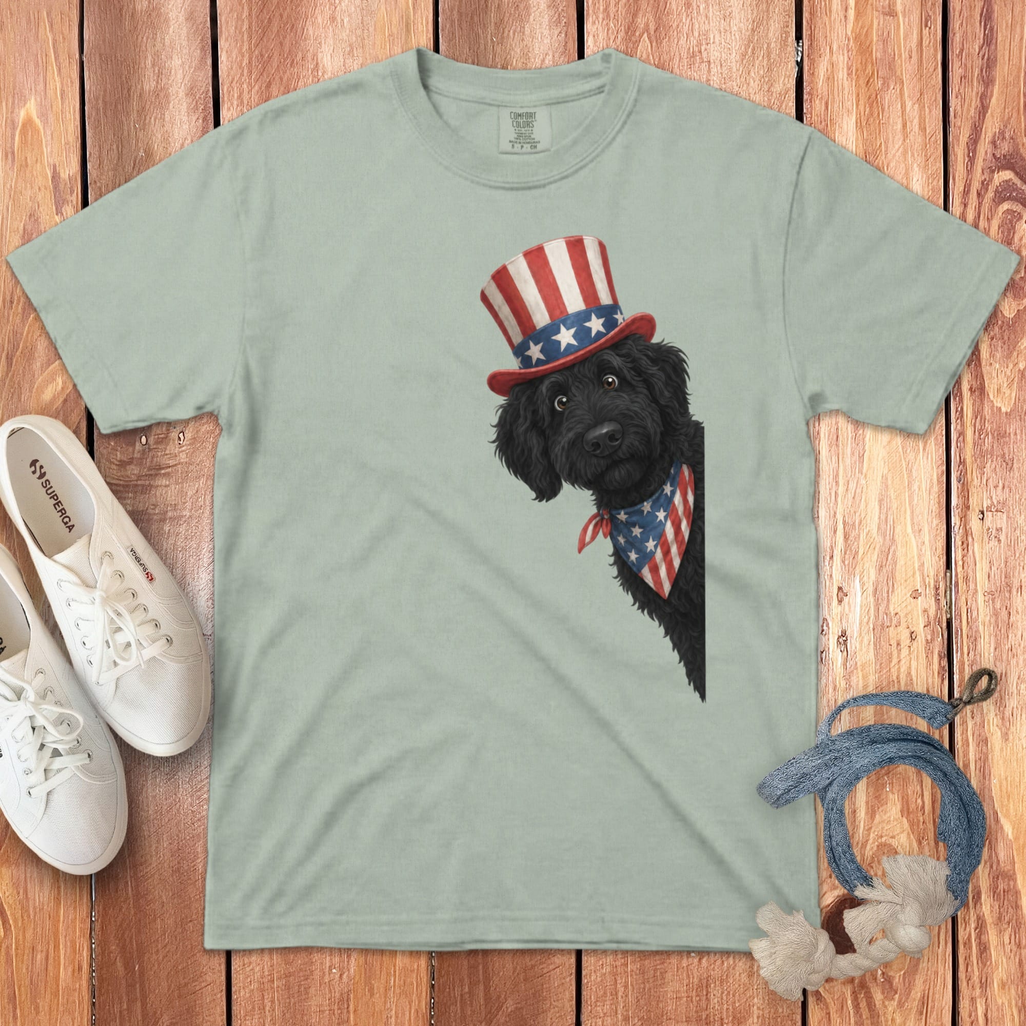 Patriotic Peeking Black Goldendoodle Signature T-Shirt in Bay / M by Puppy Jo