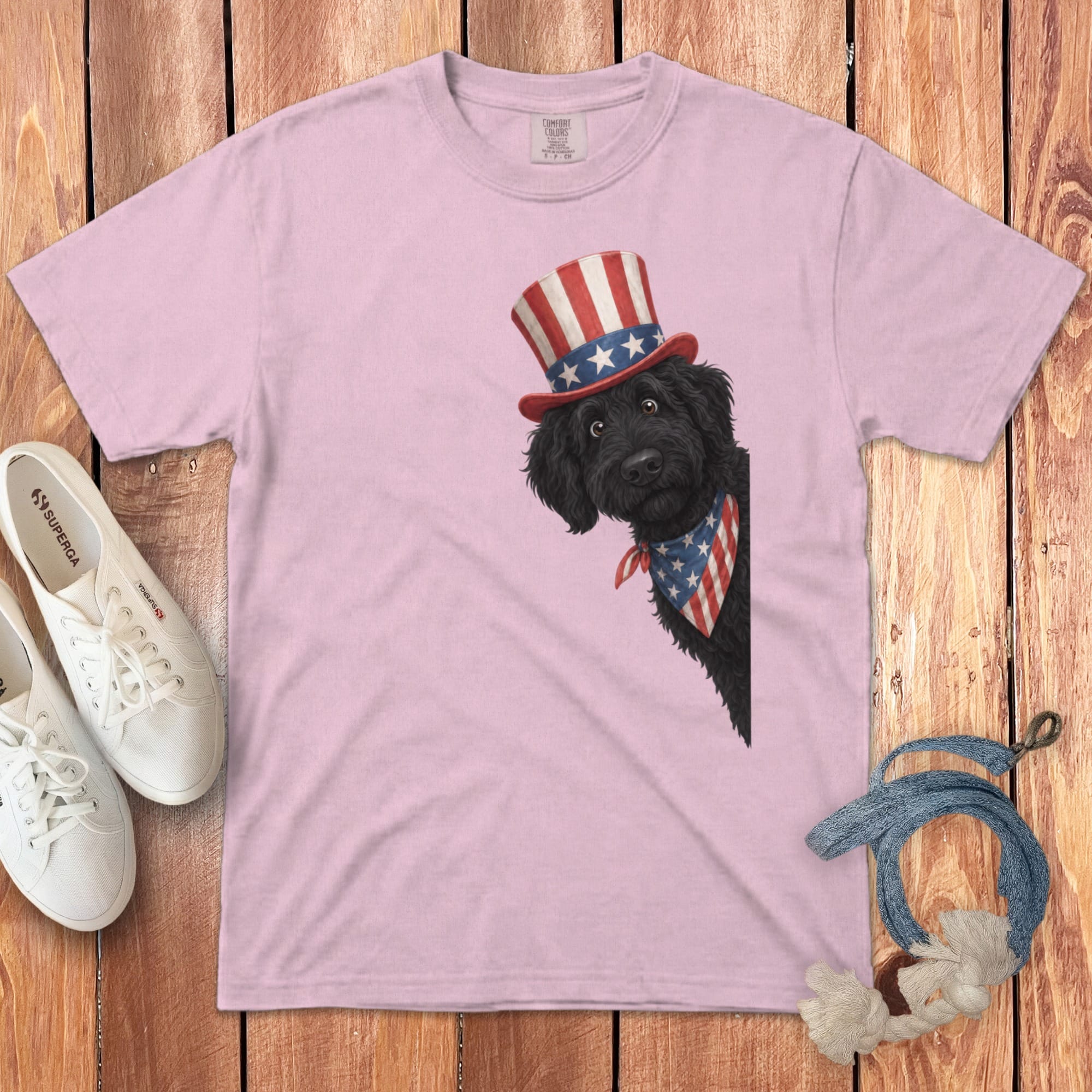 Patriotic Peeking Black Goldendoodle Signature T-Shirt in Blossom / S by Puppy Jo