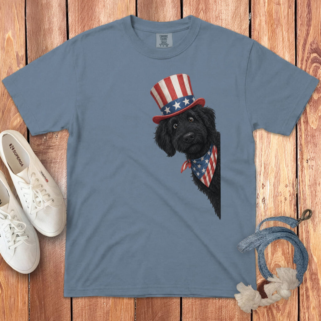 Patriotic Peeking Black Goldendoodle Signature T-Shirt in Blue Jean / S by Puppy Jo