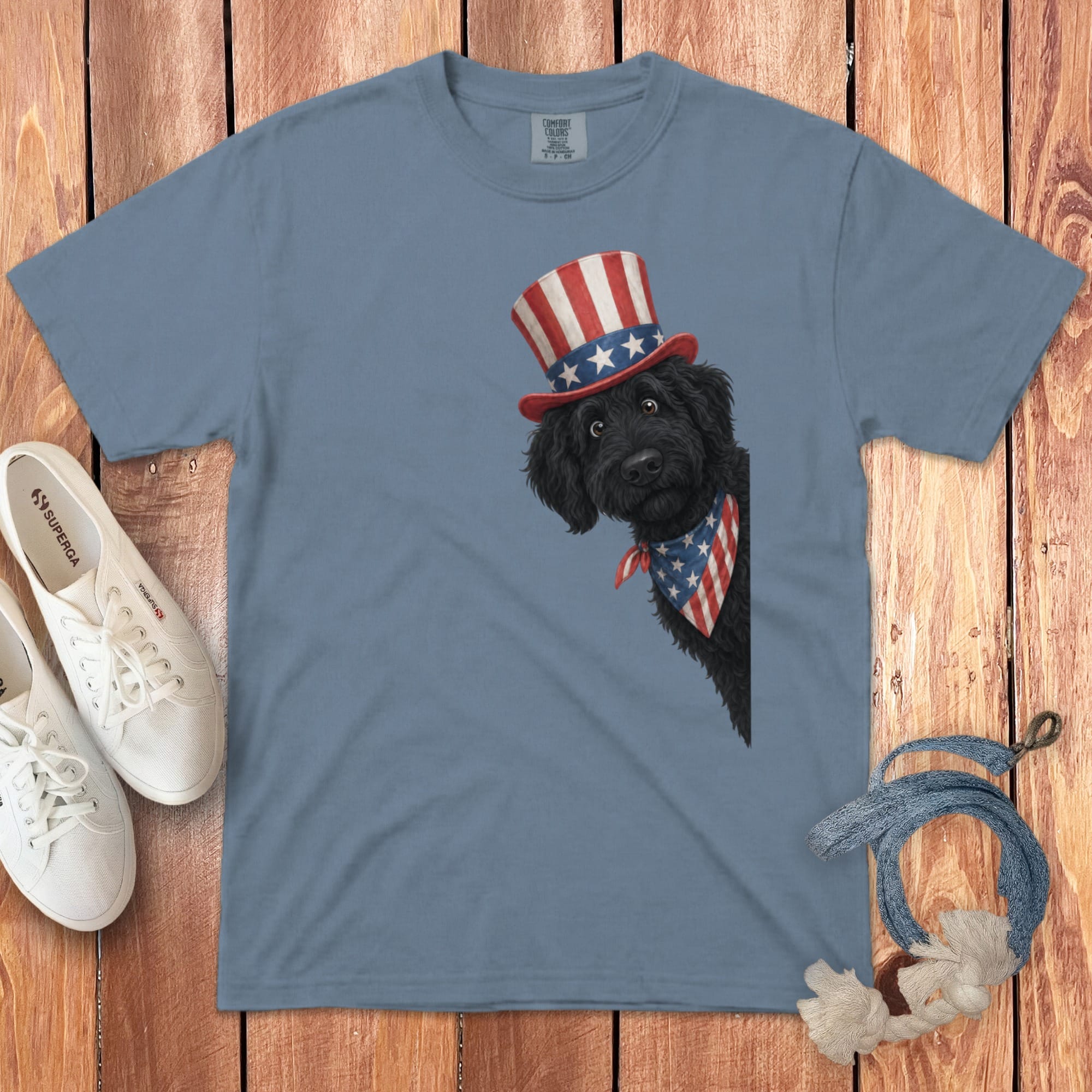 Patriotic Peeking Black Goldendoodle Signature T-Shirt in Blue Jean / S by Puppy Jo
