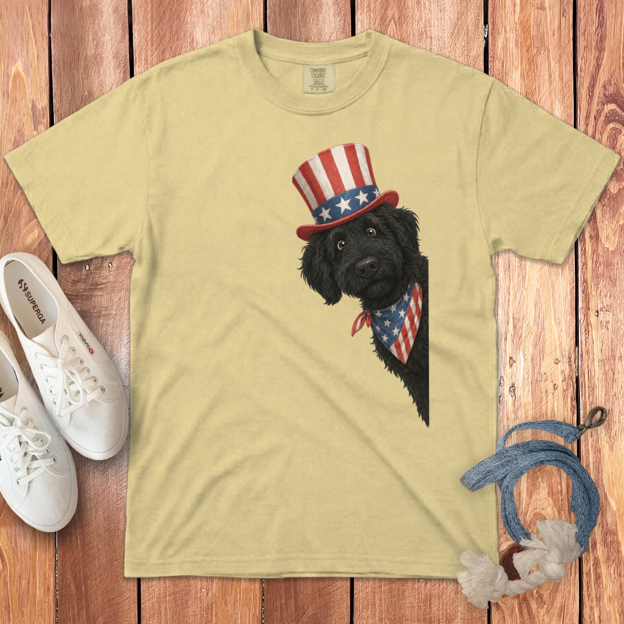 Patriotic Peeking Black Goldendoodle Signature T-Shirt in Butter / M by Puppy Jo
