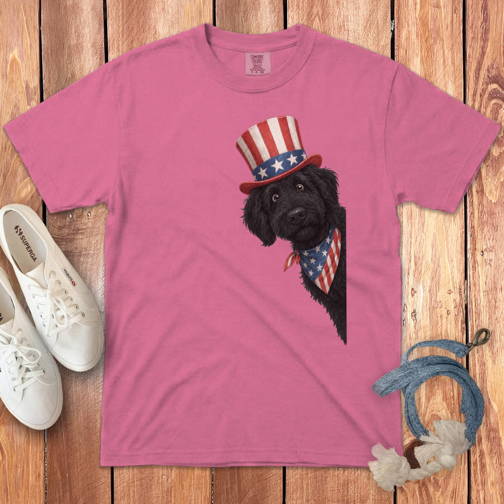 Patriotic Peeking Black Goldendoodle Signature T-Shirt in Crunchberry / S by Puppy Jo