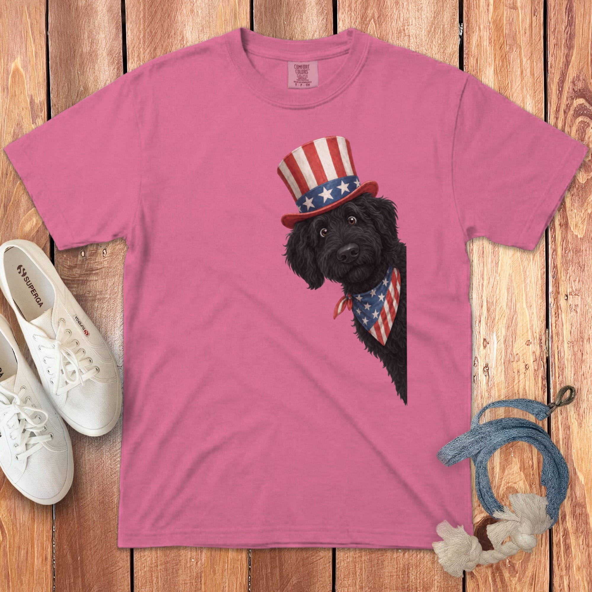 Patriotic Peeking Black Goldendoodle Signature T-Shirt in Crunchberry / S by Puppy Jo