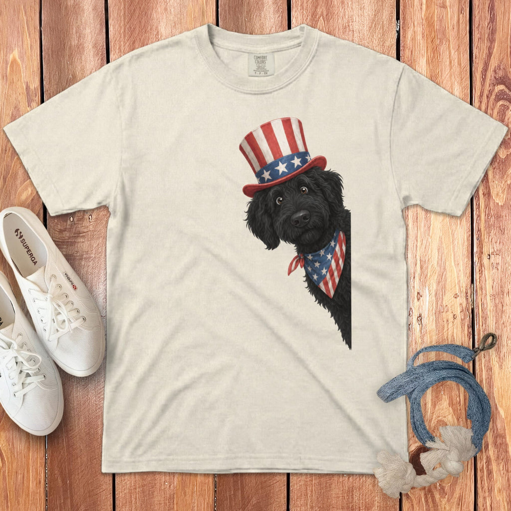 Patriotic Peeking Black Goldendoodle Signature T-Shirt in Ivory / S by Puppy Jo
