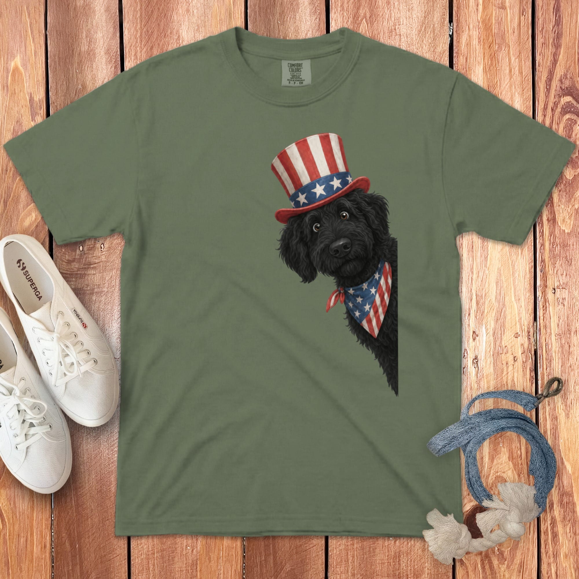 Patriotic Peeking Black Goldendoodle Signature T-Shirt in Moss / M by Puppy Jo