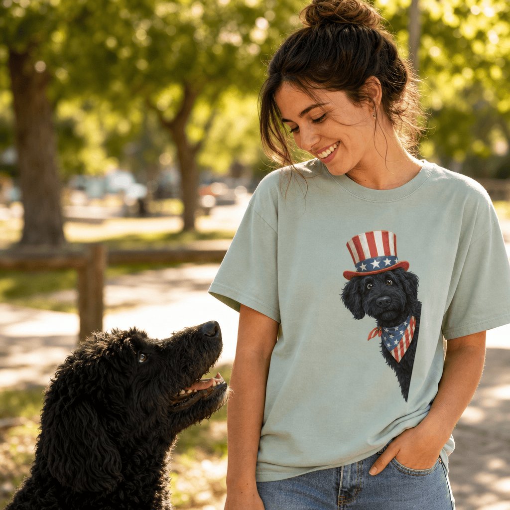 Patriotic Peeking Black Goldendoodle Signature T-Shirt in by Puppy Jo