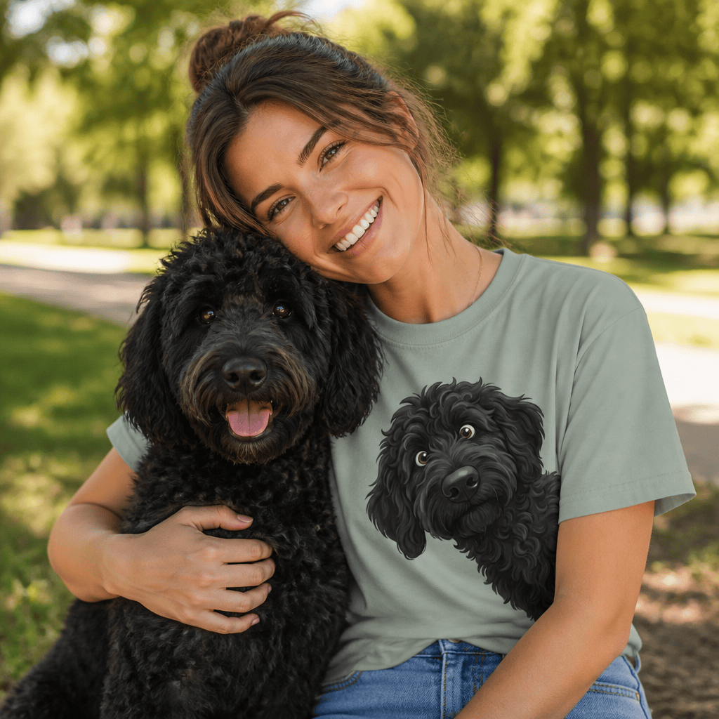 Patriotic Peeking Black Goldendoodle Signature T-Shirt in by Puppy Jo