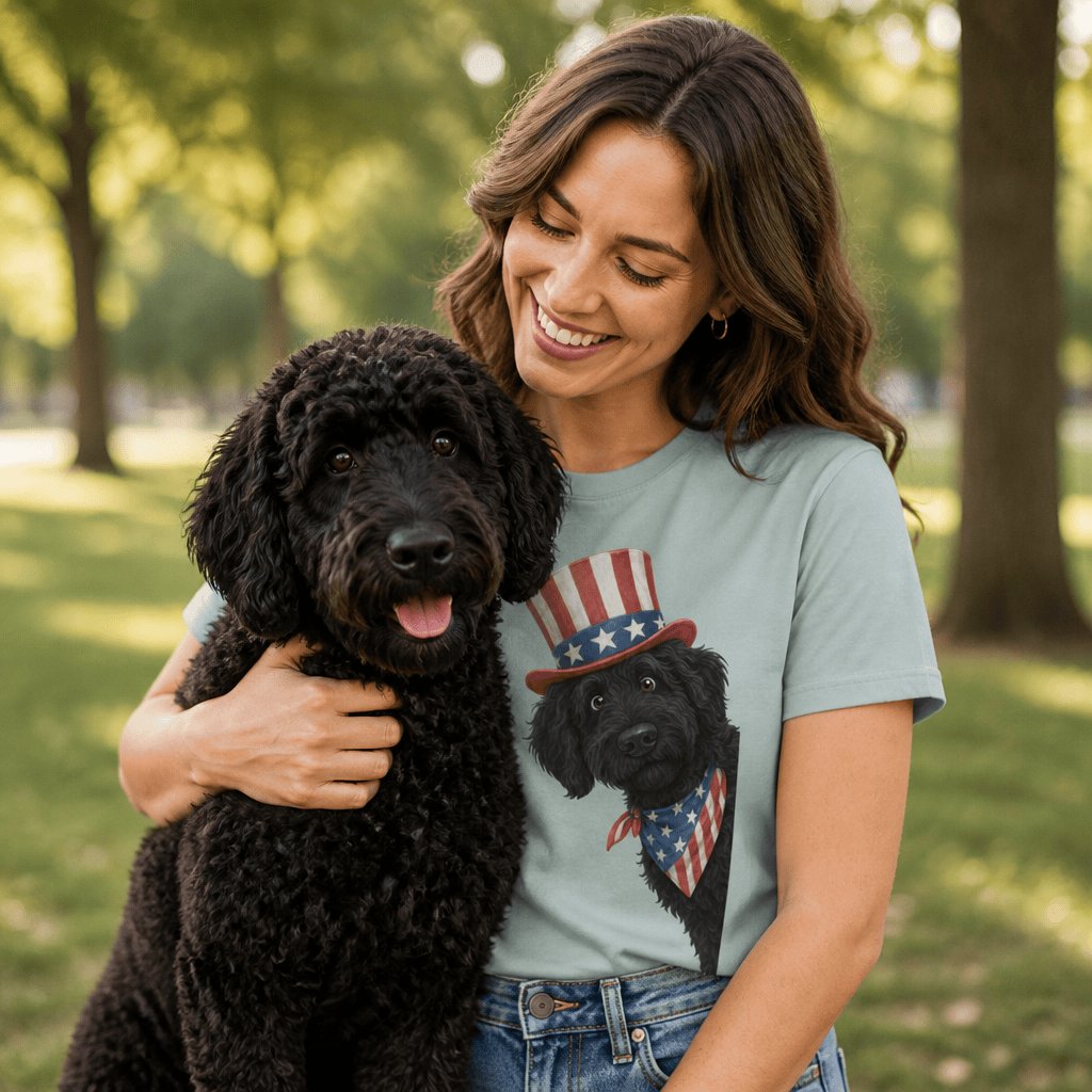 Patriotic Peeking Black Goldendoodle Signature T-Shirt in by Puppy Jo