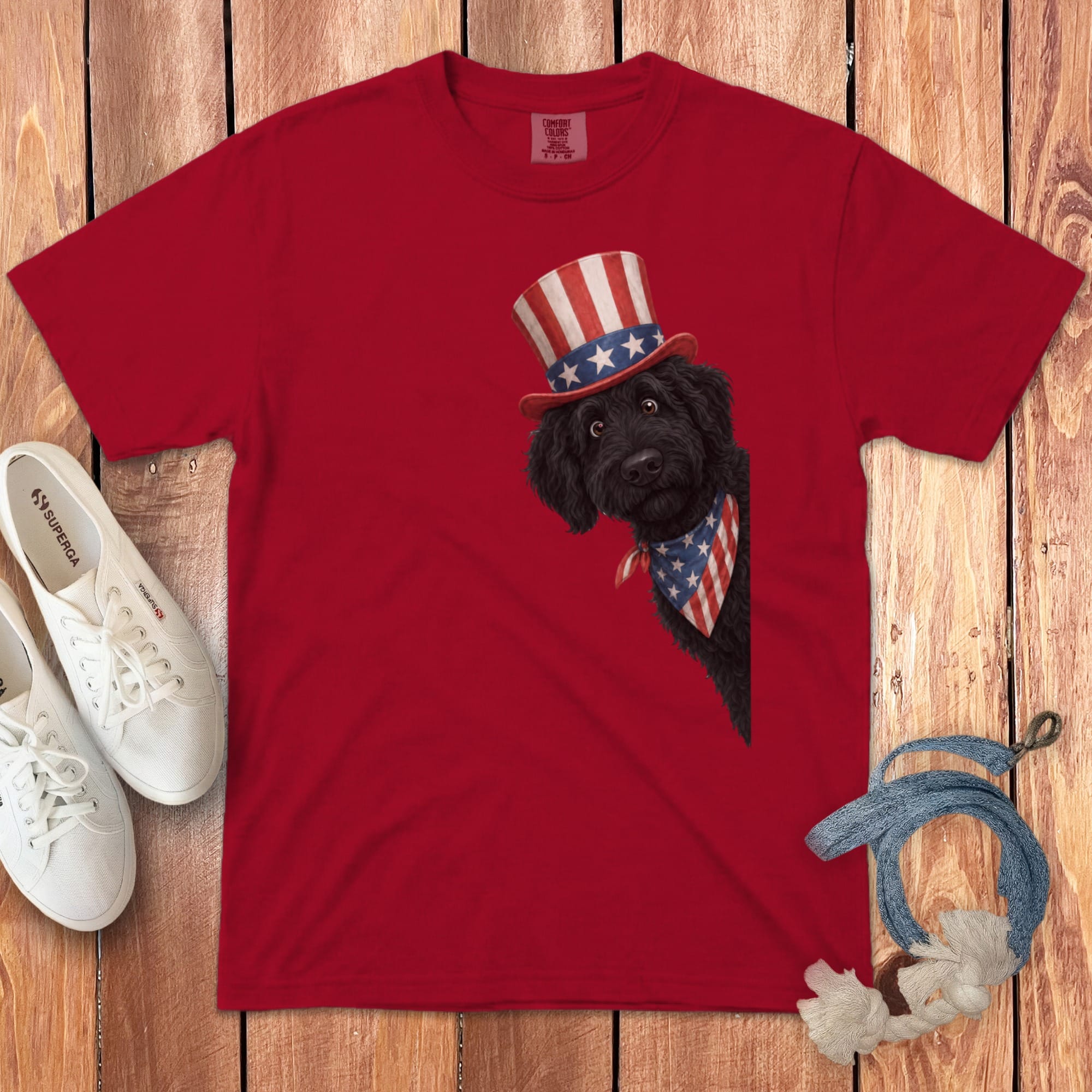 Patriotic Peeking Black Goldendoodle Signature T-Shirt in Red / S by Puppy Jo