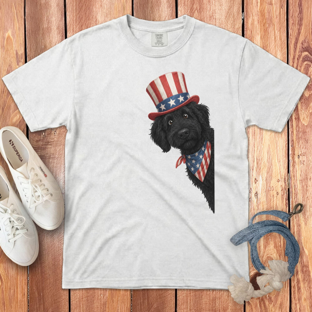 Patriotic Peeking Black Goldendoodle Signature T-Shirt in White / S by Puppy Jo