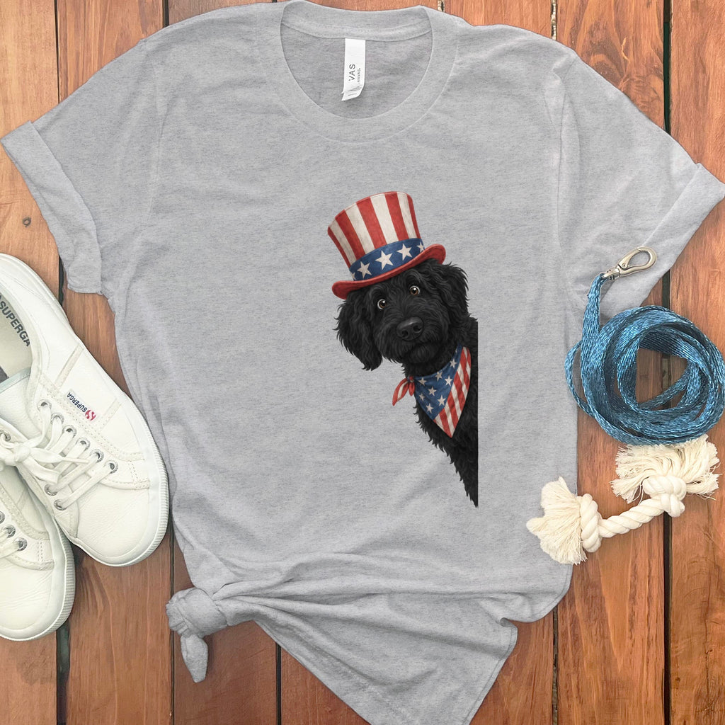 Patriotic Peeking Black Goldendoodle T-Shirt in Athletic Heather / S by Puppy Jo