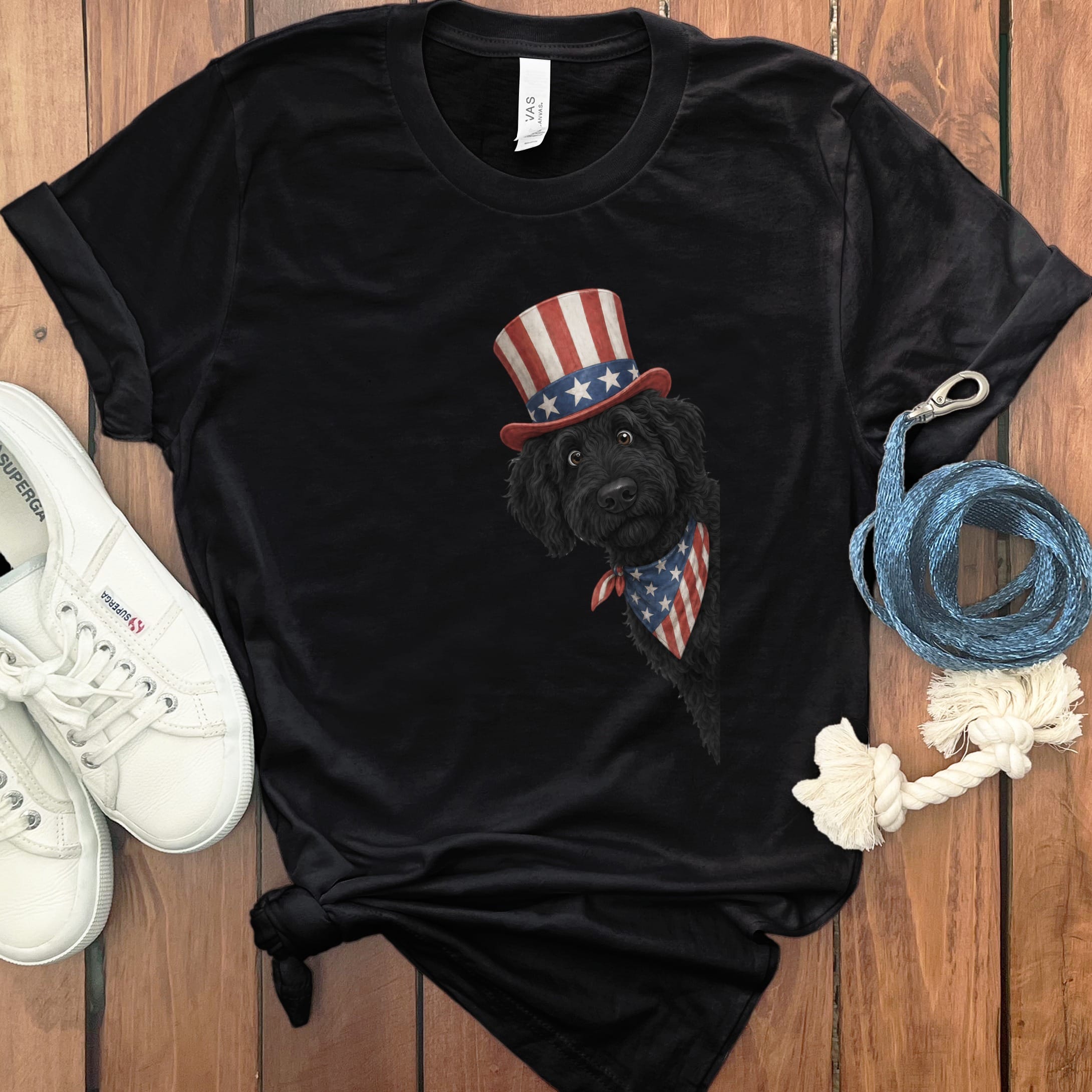 Patriotic Peeking Black Goldendoodle T-Shirt in Black / S by Puppy Jo