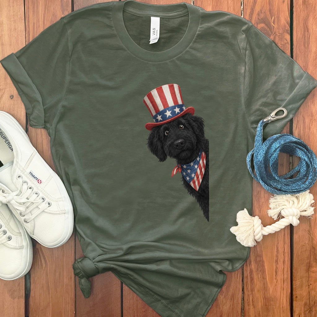 Patriotic Peeking Black Goldendoodle T-Shirt in Military Green / S by Puppy Jo
