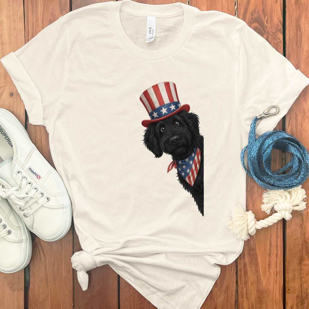 Patriotic Peeking Black Goldendoodle T-Shirt in Natural / S by Puppy Jo
