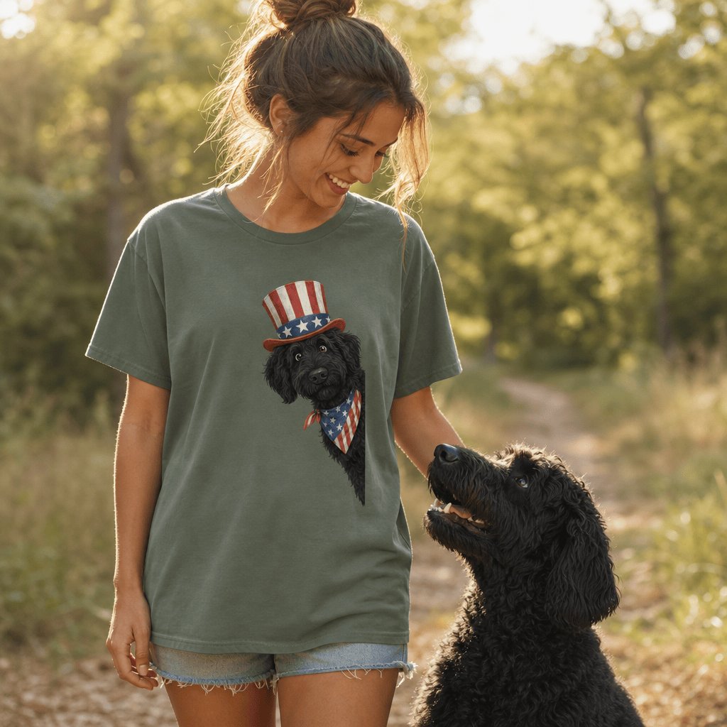 Patriotic Peeking Black Goldendoodle T-Shirt in by Puppy Jo